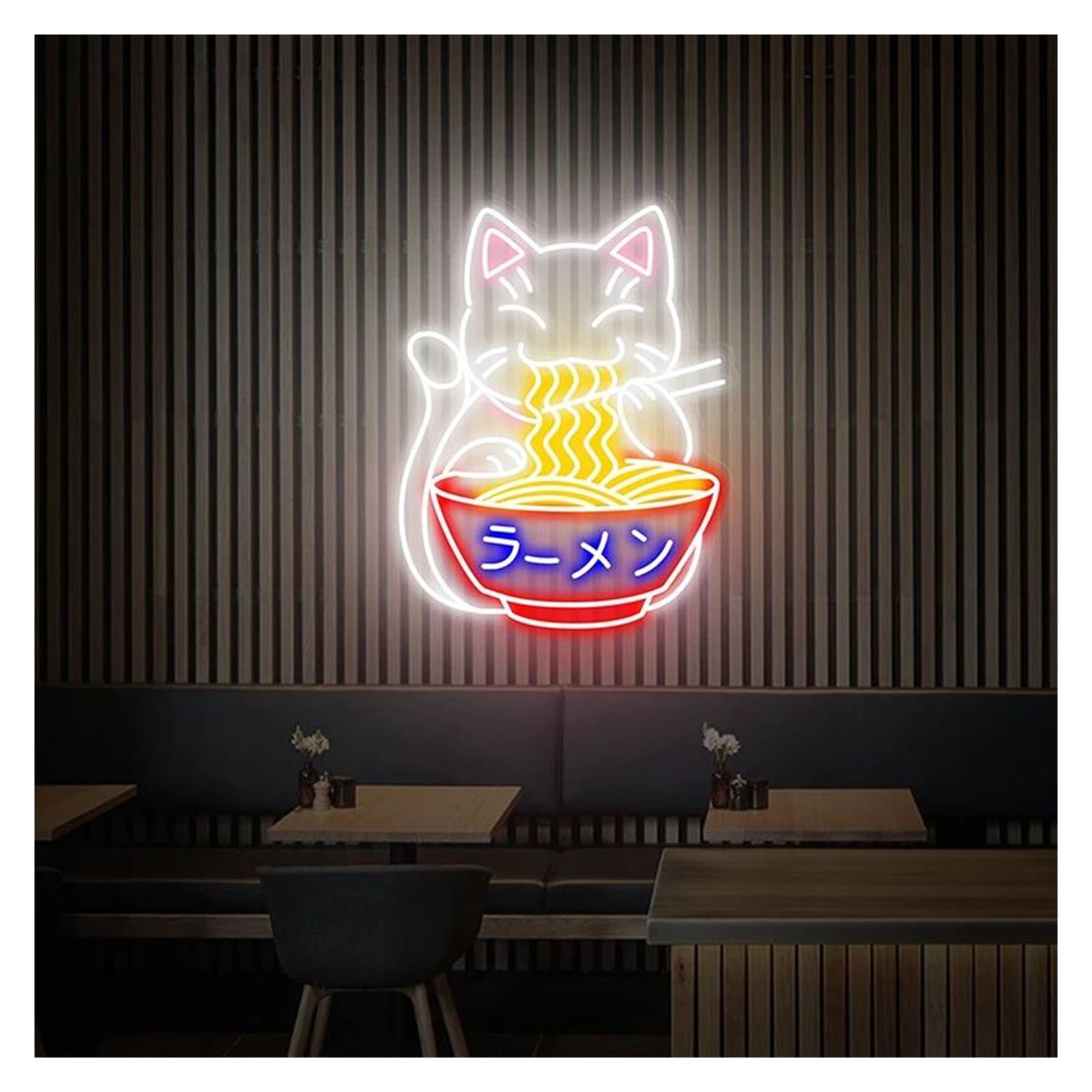 Lemst D Signs Lamp Fortune Cat Ramen Neon Sign Japanese Ramen Neon Signs Suitable For Shop Wall Ecor Neon Lights 50Cmx38cm(D)