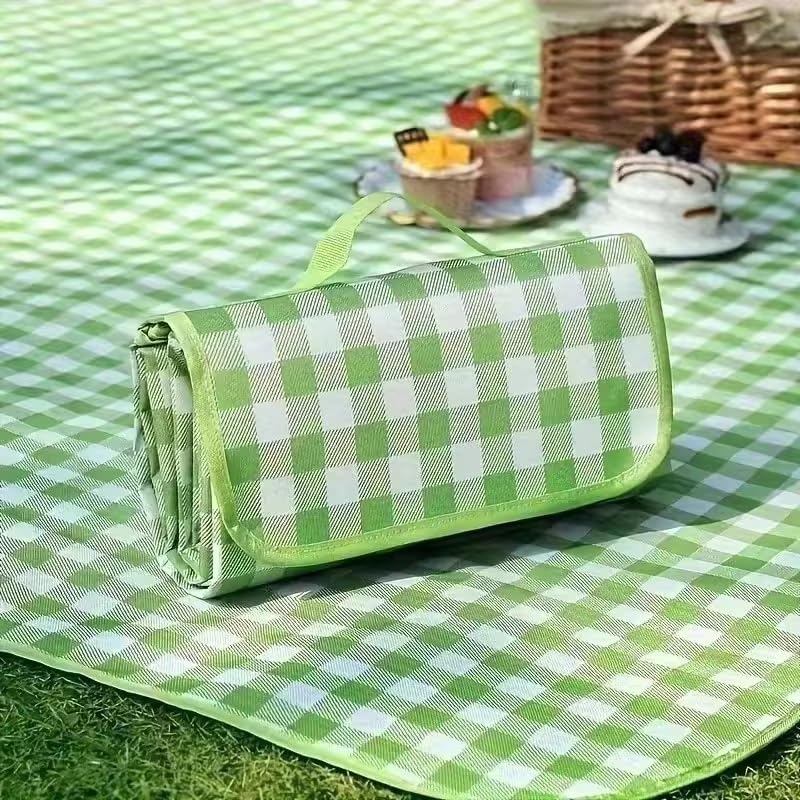 Picnic Blanket Waterproof Foldable Gingham Outdoor Mat with Carry Handle for Camping Beach Park Lawn (Green Grid, 100-150cm)