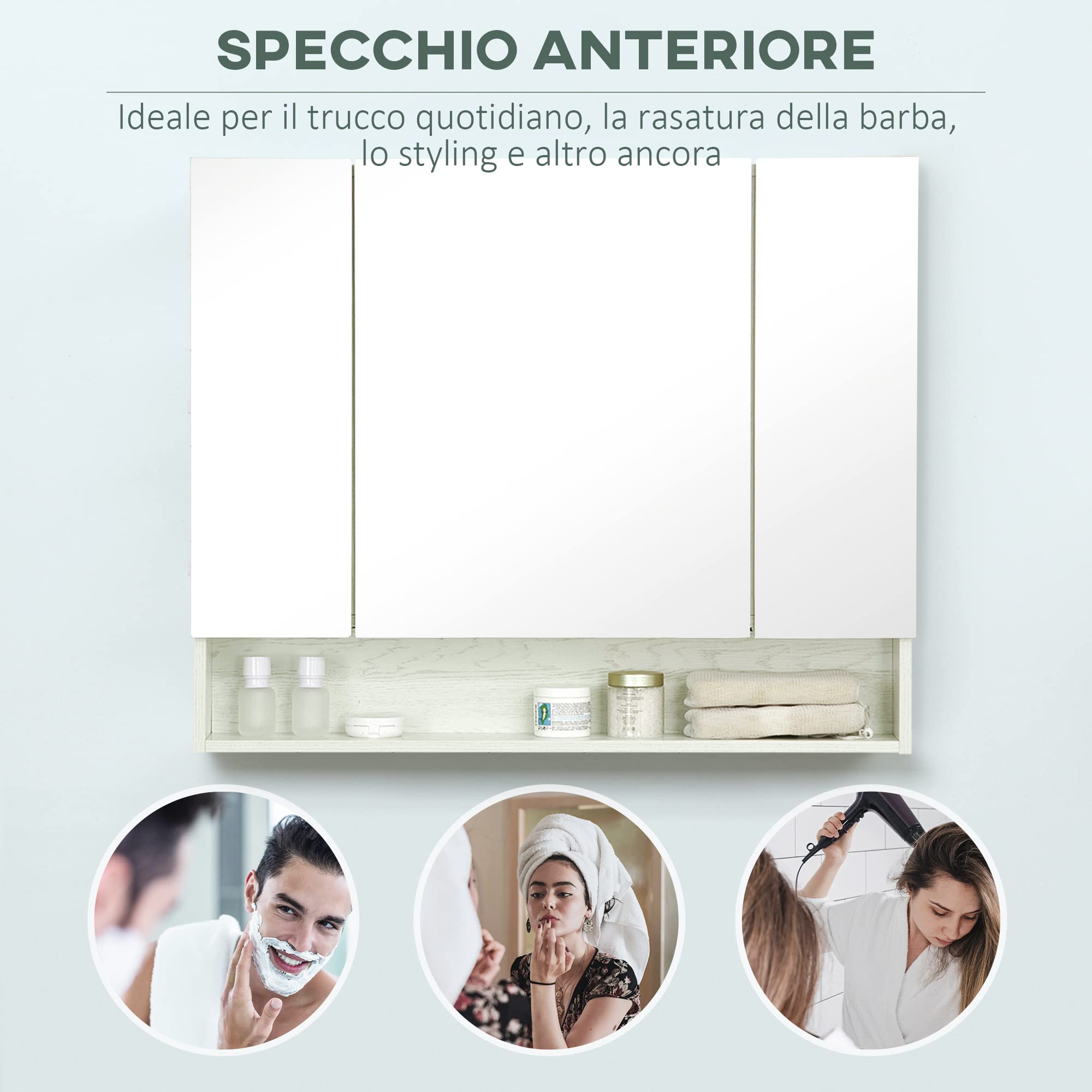 kleankin Specchio Bagno Contenitore con 3 Ante Soft Close, 90x15x75 cm Mobile Bagno con Specchio, Ripiani Regolabili, Scomparto Aperto, Mobilettto Bagno da Parete Salvaspazio in Vetro, Effetto Legno