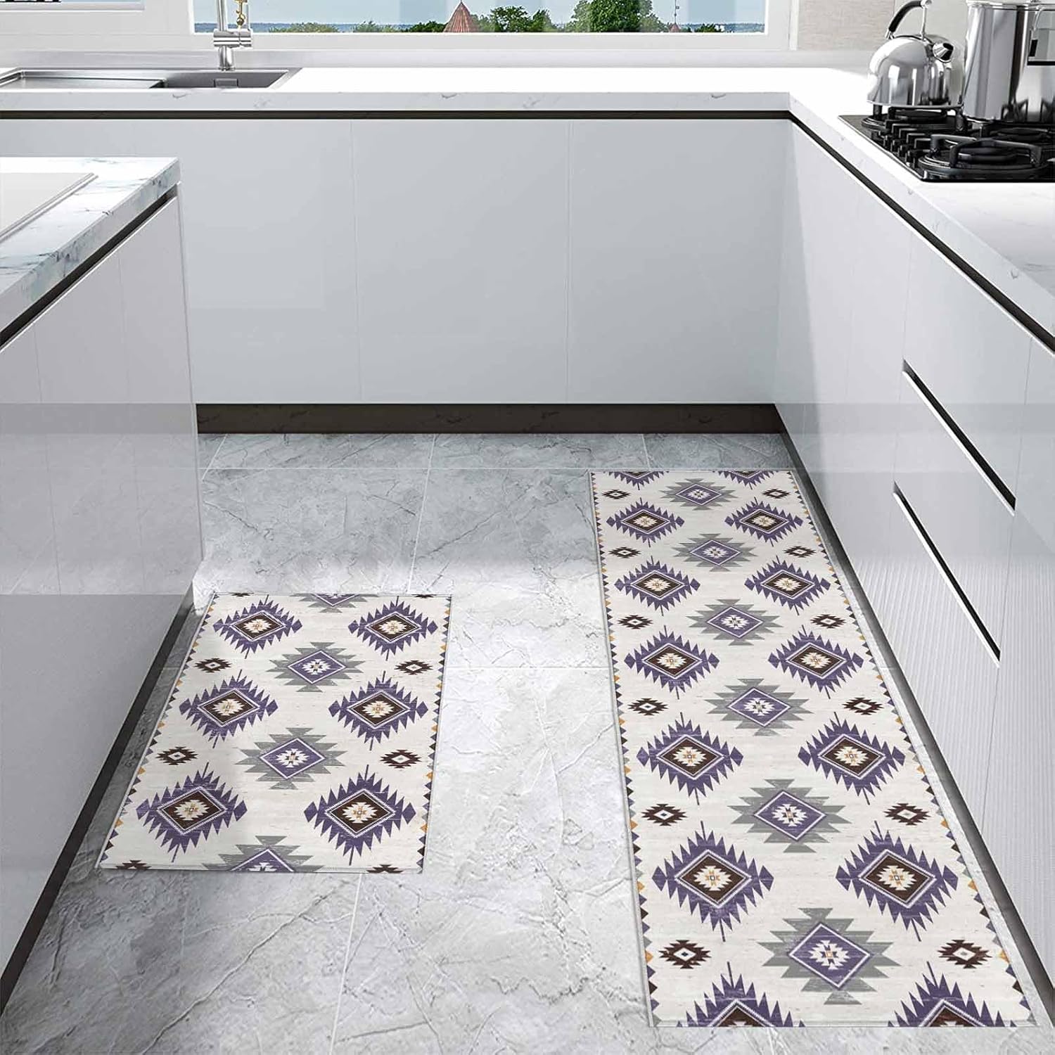 Kitchen Rugs and Mats 2 Pieces Purple Boho Aztec Non Slip Anti Fatigue Floor Mats Southwest Tribal Style Area Rugs Carpet Comfort Soft Absorb Cushioned Standing Doormat Runner Rugs