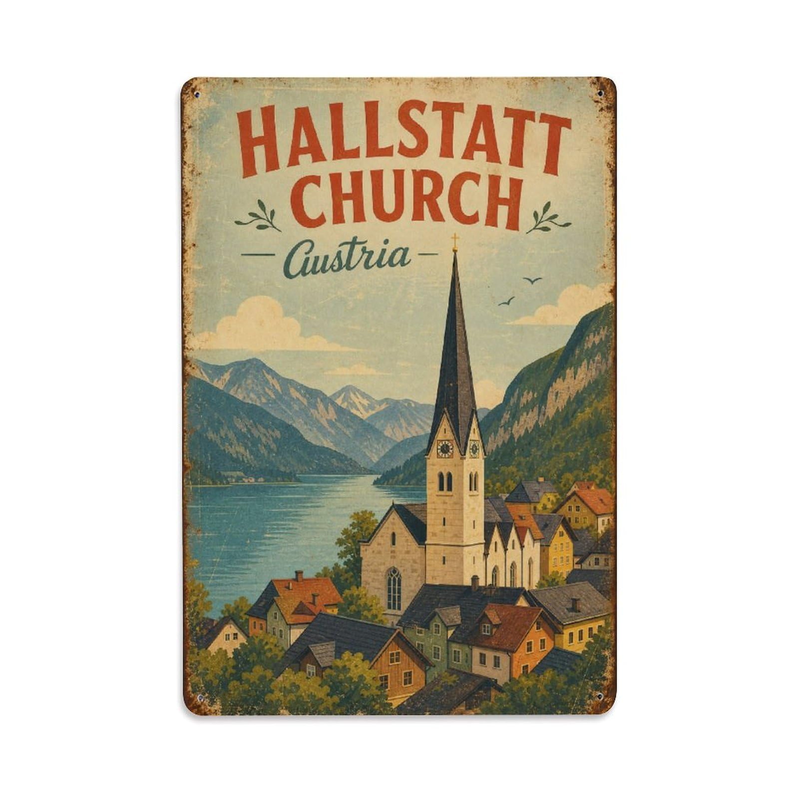 Gead 8X12inch Style Vintage Travel Hallstatt Austria Church Metal Tin Sign