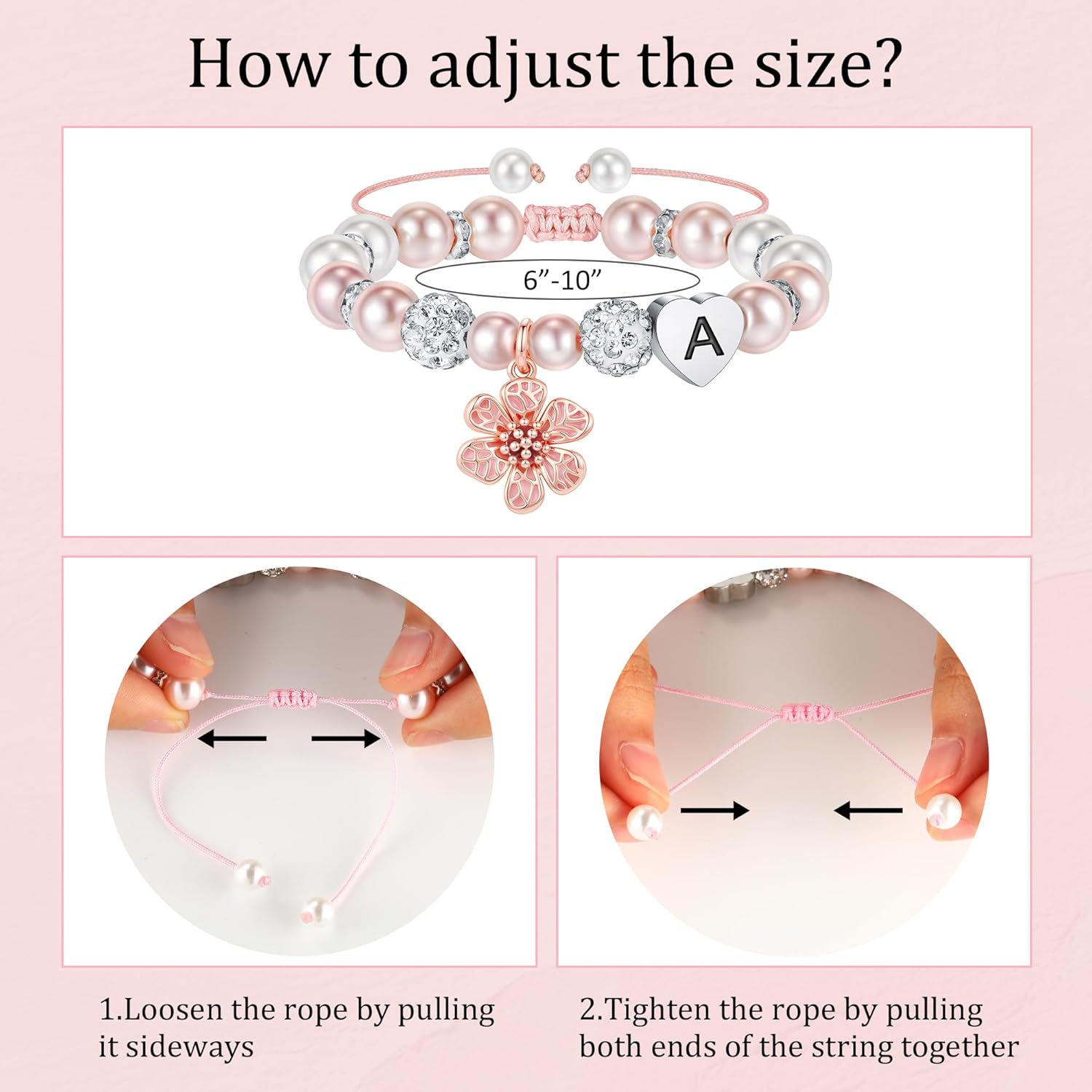 MONOOC Cute Flower Charm Bracelet for Girls Kids - Initial Charm Bracelets for Girls, Adjustable Pearl and Rhinestone Beaded Bracelet Heart Initial Bracelets Jewelry for Flower Girl Birthday Gifts - Image 6