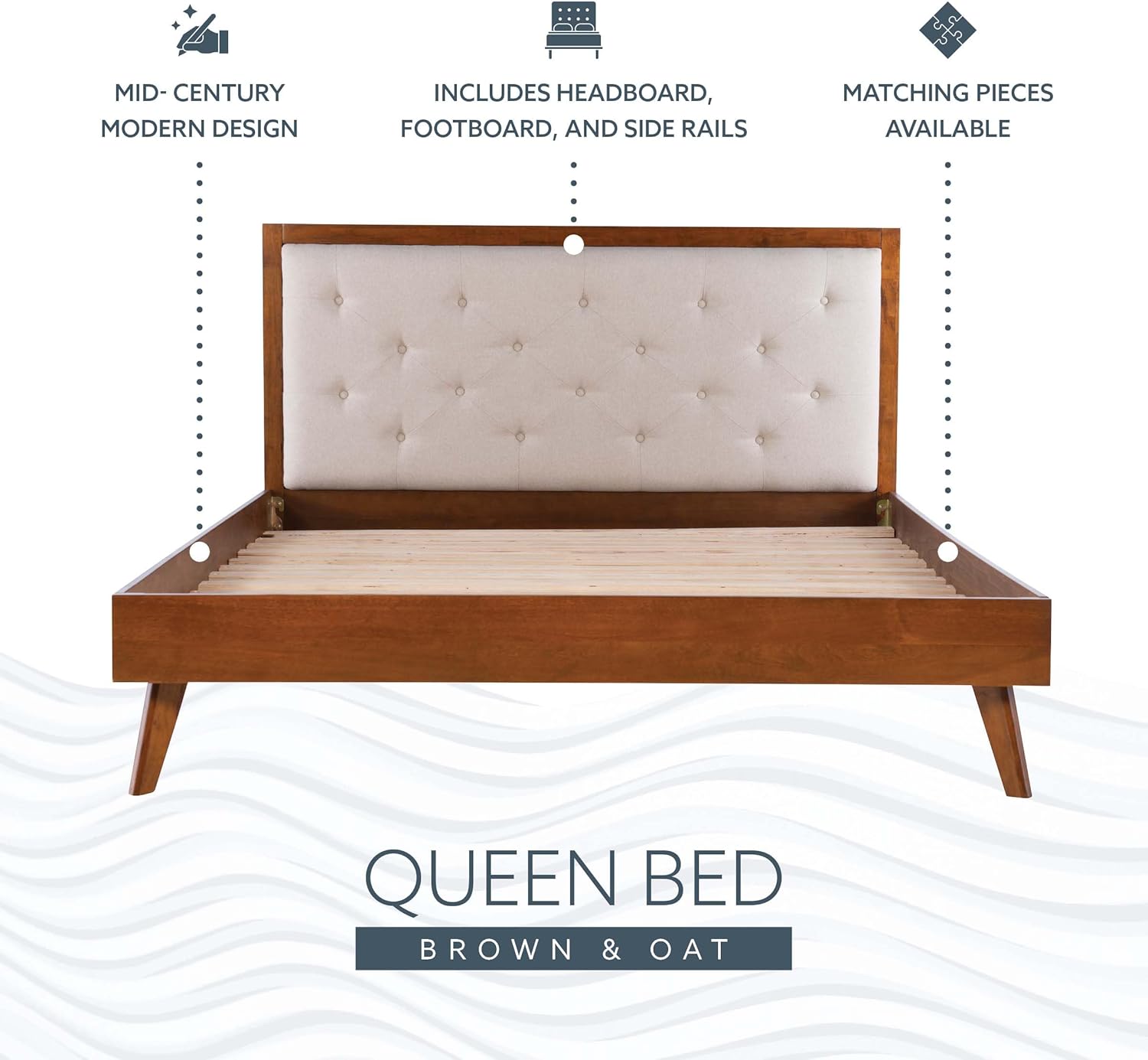 Linon Moore Mid Century Upholstered Platform Queen Bed Frame in Brown Wood