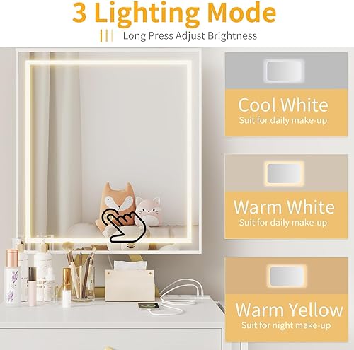 Miniatura 4 de Small Makeup Vanity Desk with Lights - White Girls Vanity Set with Mirror and Chair, Make Up Dresser Table with Drawers and Power Outlet for Bedroom