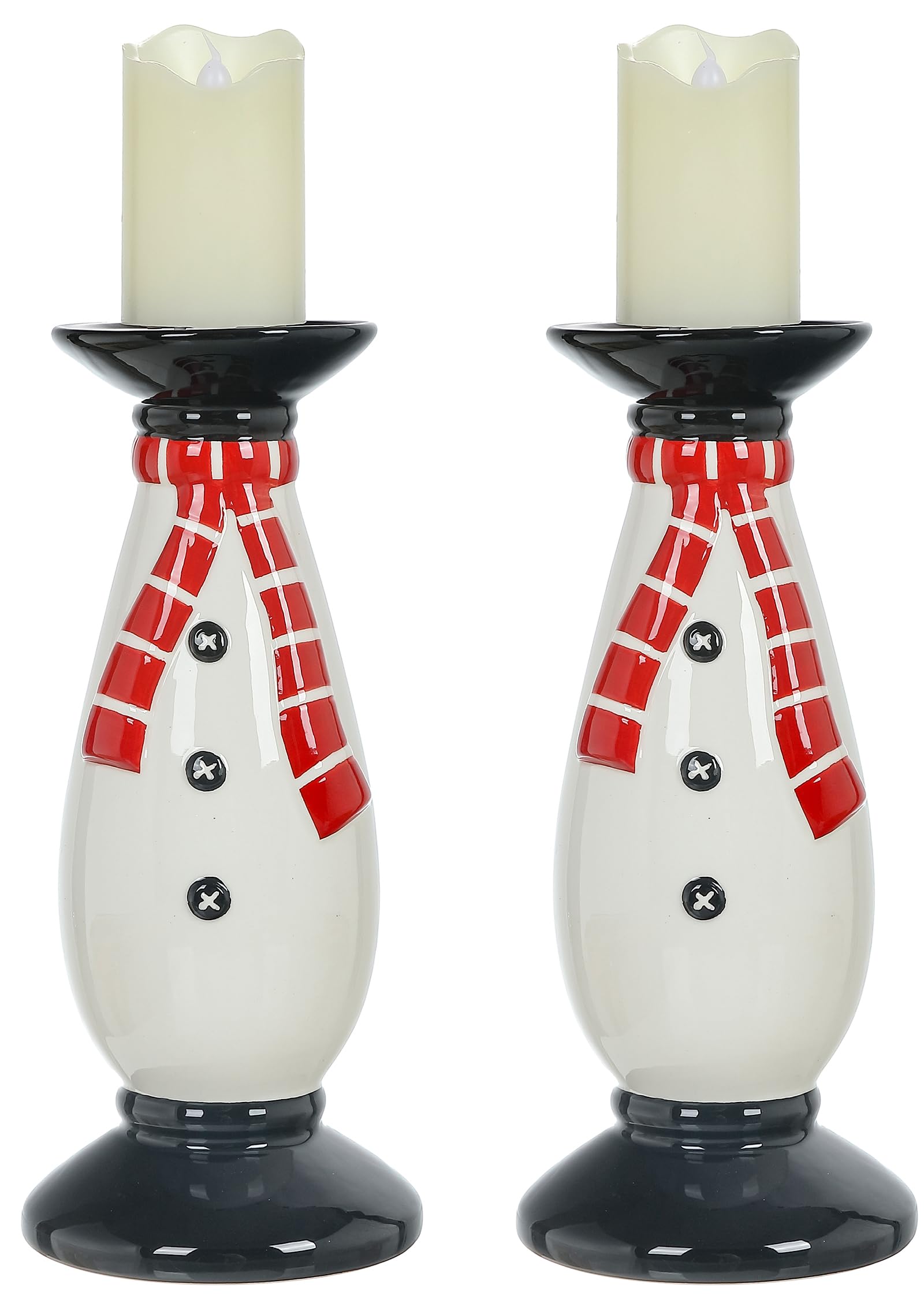 Set of 2 Christmas Hand-Painted Ceramic Large Candle Holders for Pillar Candles (Snowman)