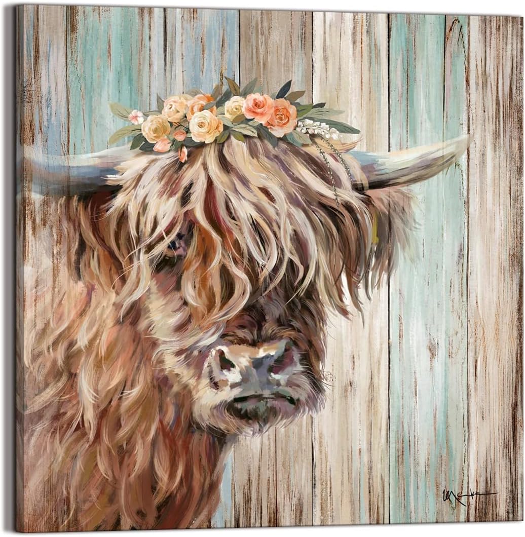 YUEYARIT Highland Cow Wall Decor Canvas Print Wall Art Vintage Country Farmhouse Art for Gifts and Home Decor Ready to Hang Dining Room Bedroom Living Room Kitchen Bathroom Office