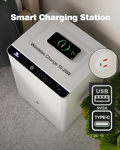 Miniatura 4 de TIGERKING Mesita de noche inteligente 3 en 1, caja fuerte con cerradura para pistola con estación de carga inalámbrica, luz ajustable moderna y