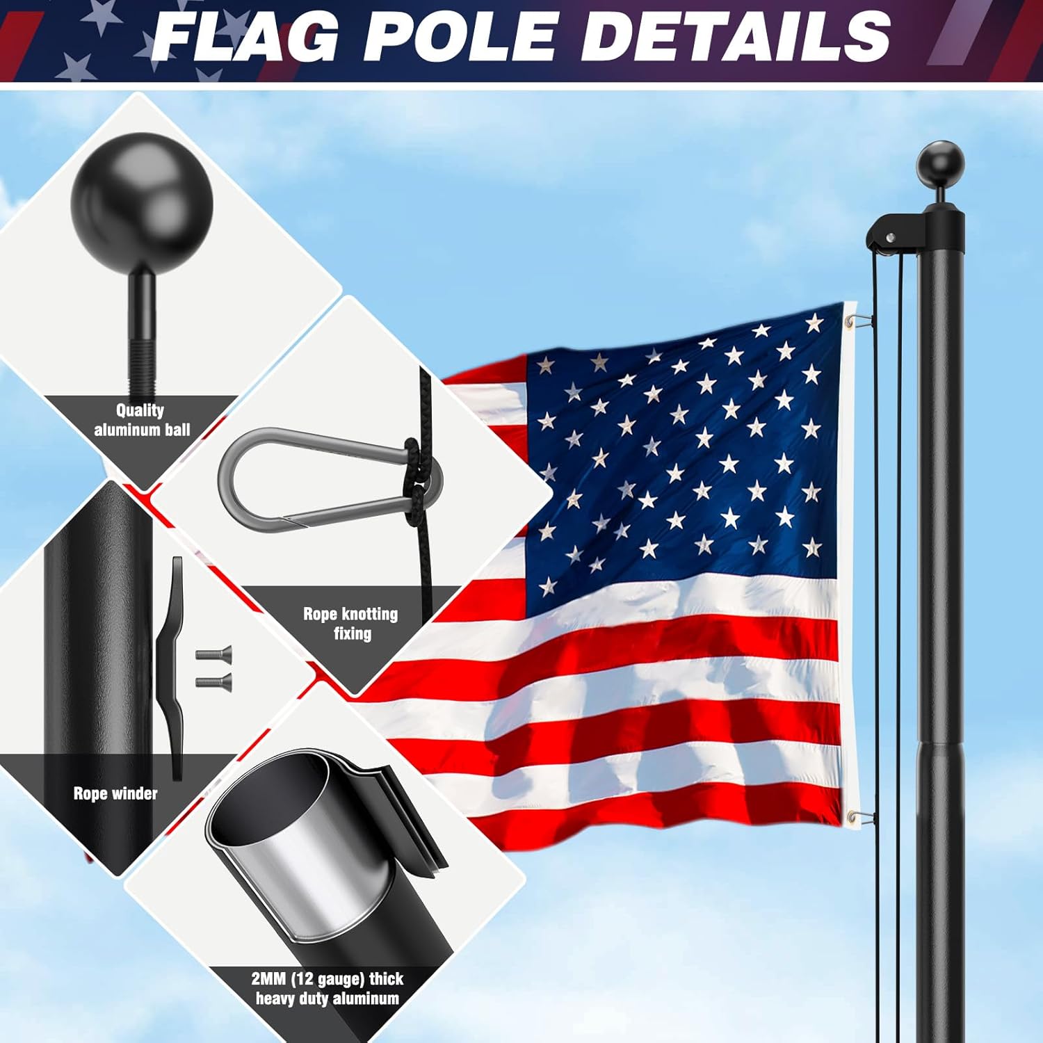 Heavy Duty Flag Pole with 3x5 American Flag 20 FT 12 Gauge Extra Thick Black Flagpole Kit for Yard Outdoor Commercial Residential Outside House In Ground 100MPH Wind Tested - Image 4