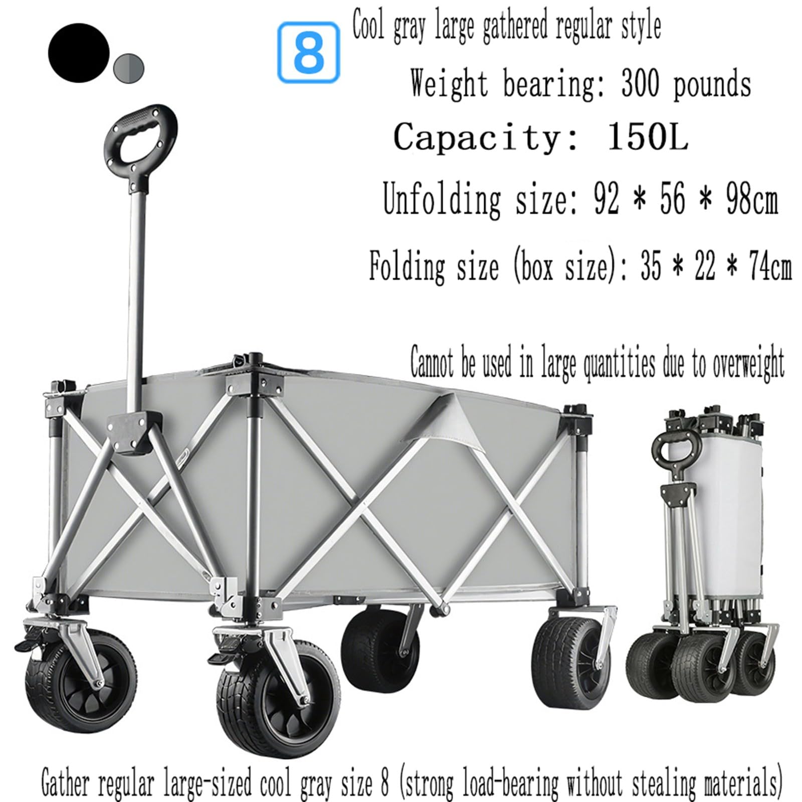 Carrello da Spiaggia Pieghevole Carrello da Giardino Portatutto con Ruote per Ogni Tipo di Terreno Braccioli Regolabili Ruote Rimovibili e Sacchetti per Tazze per Campeggio B