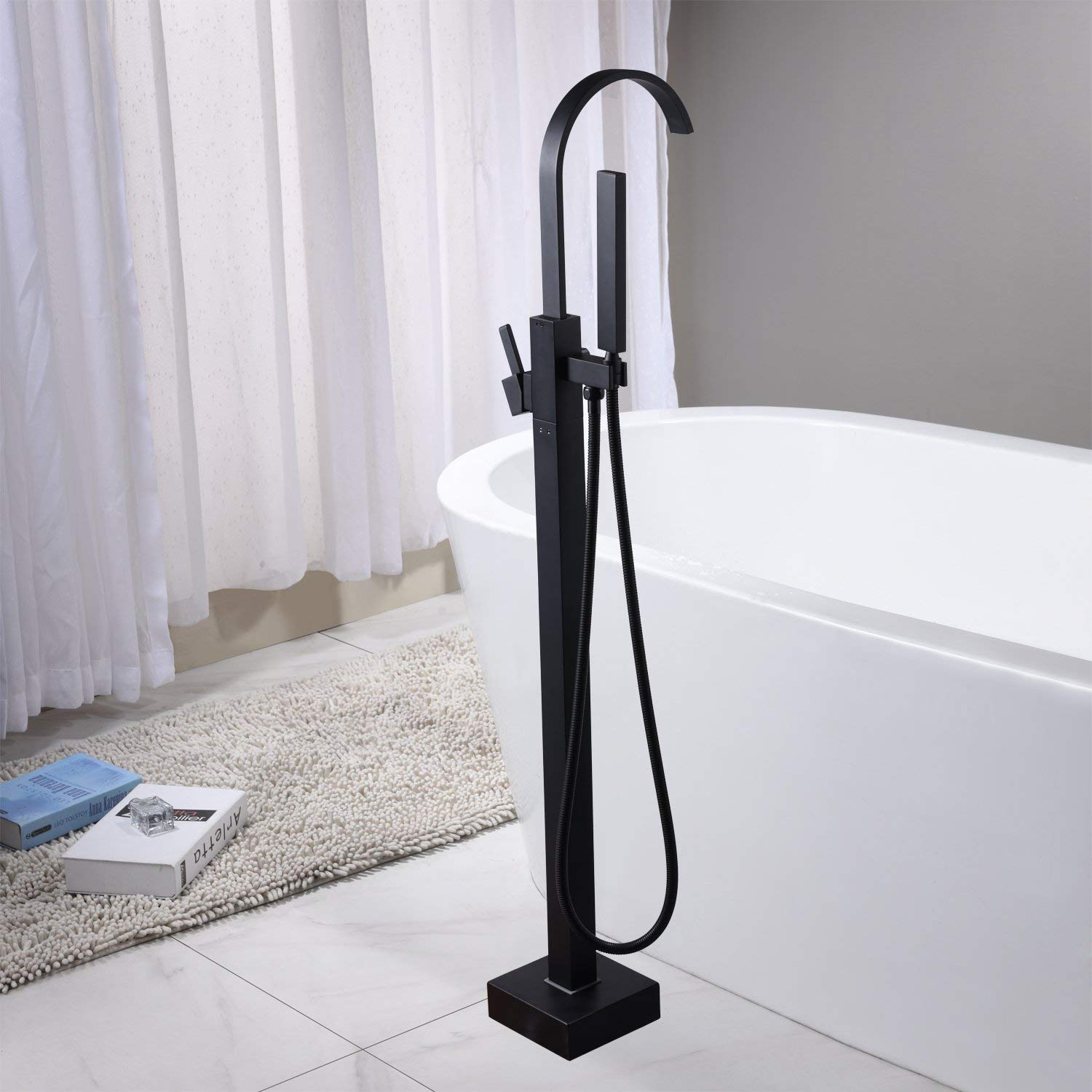 Set Doccia, Miscelatore Doccia a Pavimento Contemporaneo con valvola in Ceramica, Maniglia Singola, Foro Singolo, Nero Opaco, Miscelatore per Vasca da Bagno a Pavimento