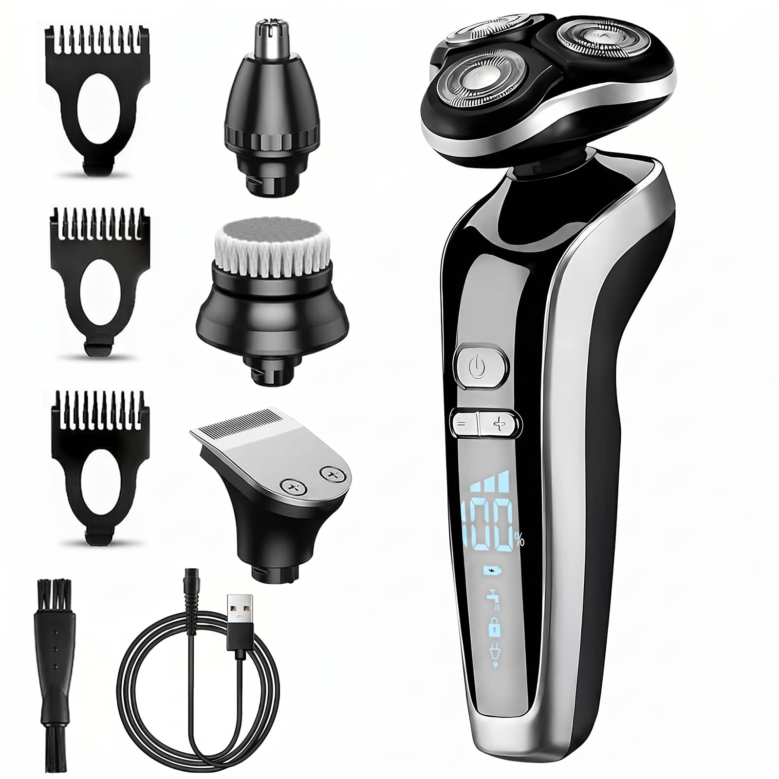 Electric Razor for Men, 4-in-1 Electric Shaver Wet & Dry with Hair Clipper Nose Trimmer and Face Cleaning Brush, Rechargeable Rotary Shaver, Floating Heads, LCD Display,Travel Lock,Waterproof