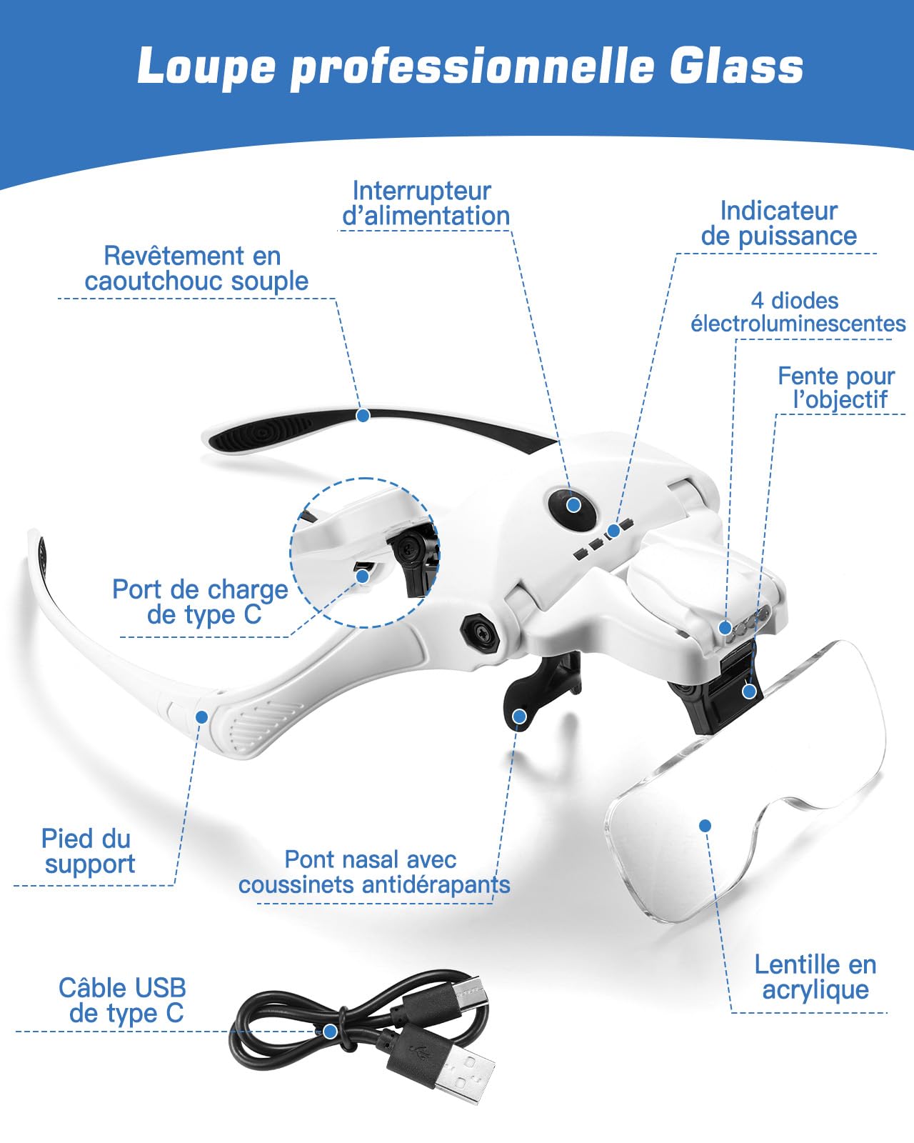 Anpro Lunette Loupe USB Rechargeable LED 4 Lumières Luminosité Réglable 5 Lentilles Détachables 1X-3.5X