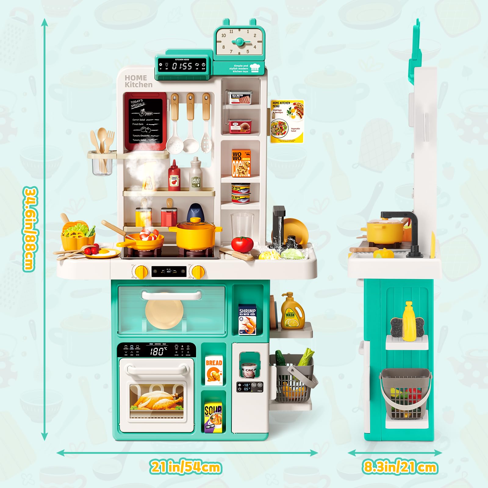 deAO Cocinas Infantiles, 69 PCS Cocina Juguete, Grifo Agua, Luces y Sonido | con Vajilla, Comida, Fregadero, Cocina de Vapor, Horno, 54x21x88 cm, Plástico Seguro, Regalos para Niños +3 Años, Verde