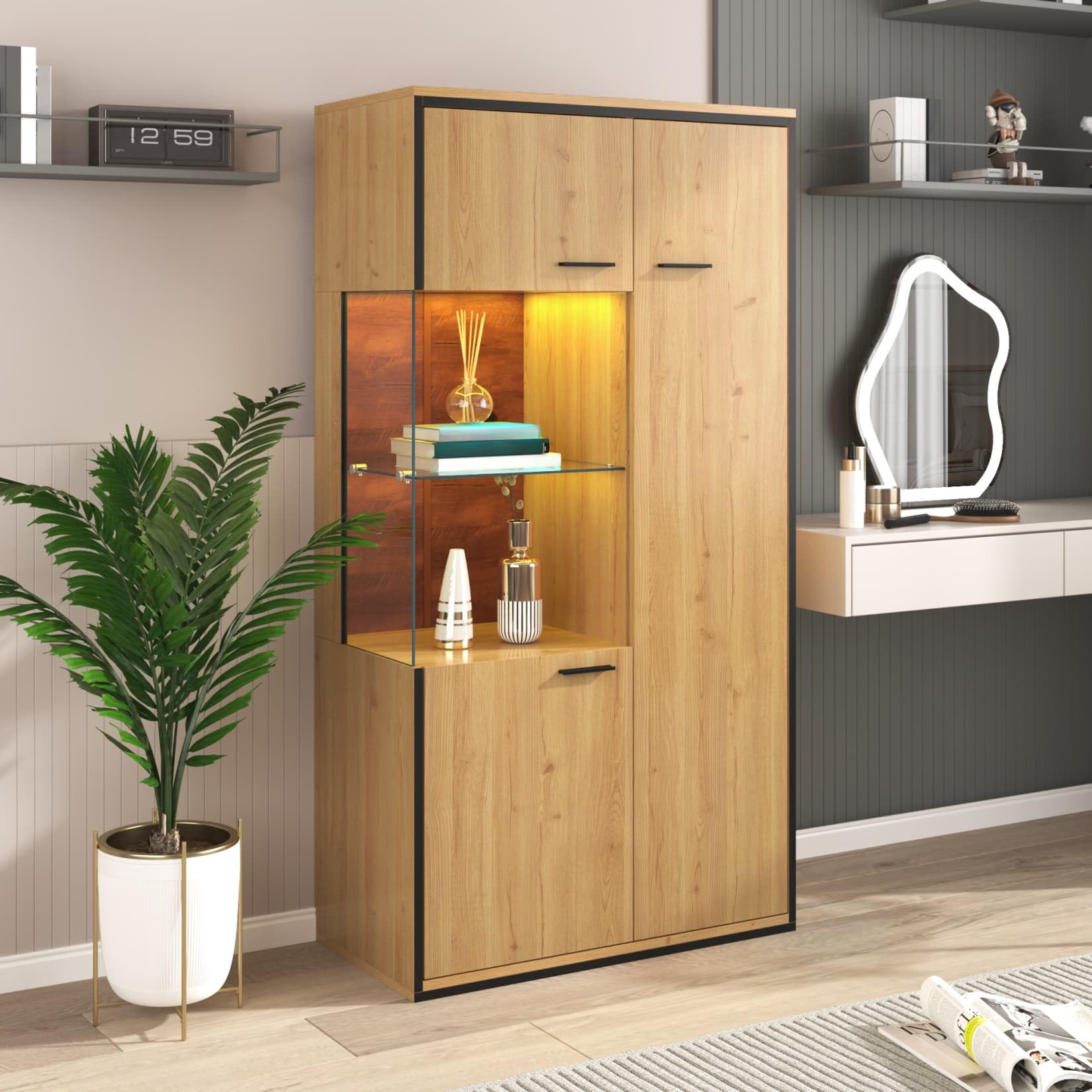 PUGSDRLY Vitrine Moderne éclairage LED,Armoire de Vitrine Salon avec étagère en Verre,Armoire Moderne Polyvalente avec Grand Espace,Meubles de Rangement pour Cuisine Salon et Bureau (Natural)