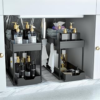 DEKAVA 2-Pack Under Sink Organizer with Sliding Drawers - 2 Tier Black Cabinet Baskets for Kitchen Bathroom Storage