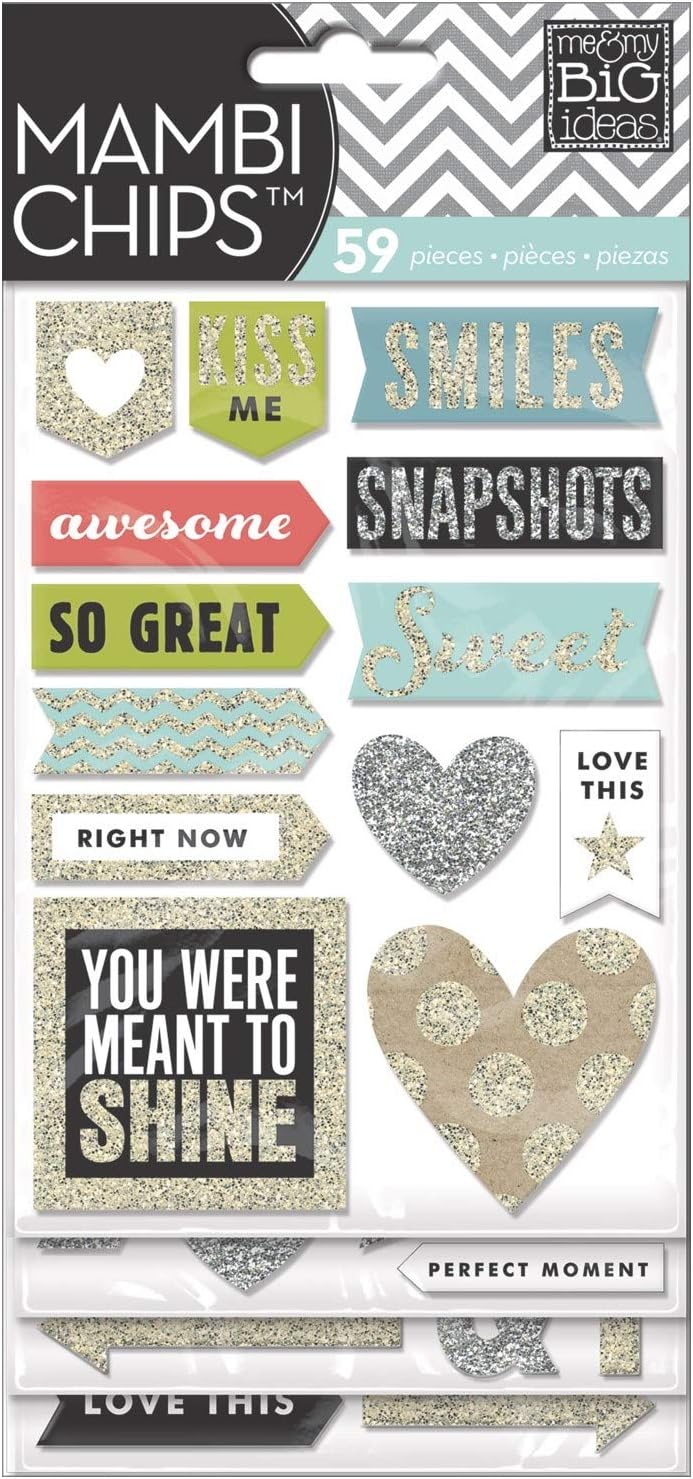me & my BIG ideas mambiChips Chipboard 3D Stickers - The Happy Planner Scrapbooking Supplies - Love This Theme - Metallic Glitter, Gold, Silver & Black - 4 Sheets, 59 Stickers Total