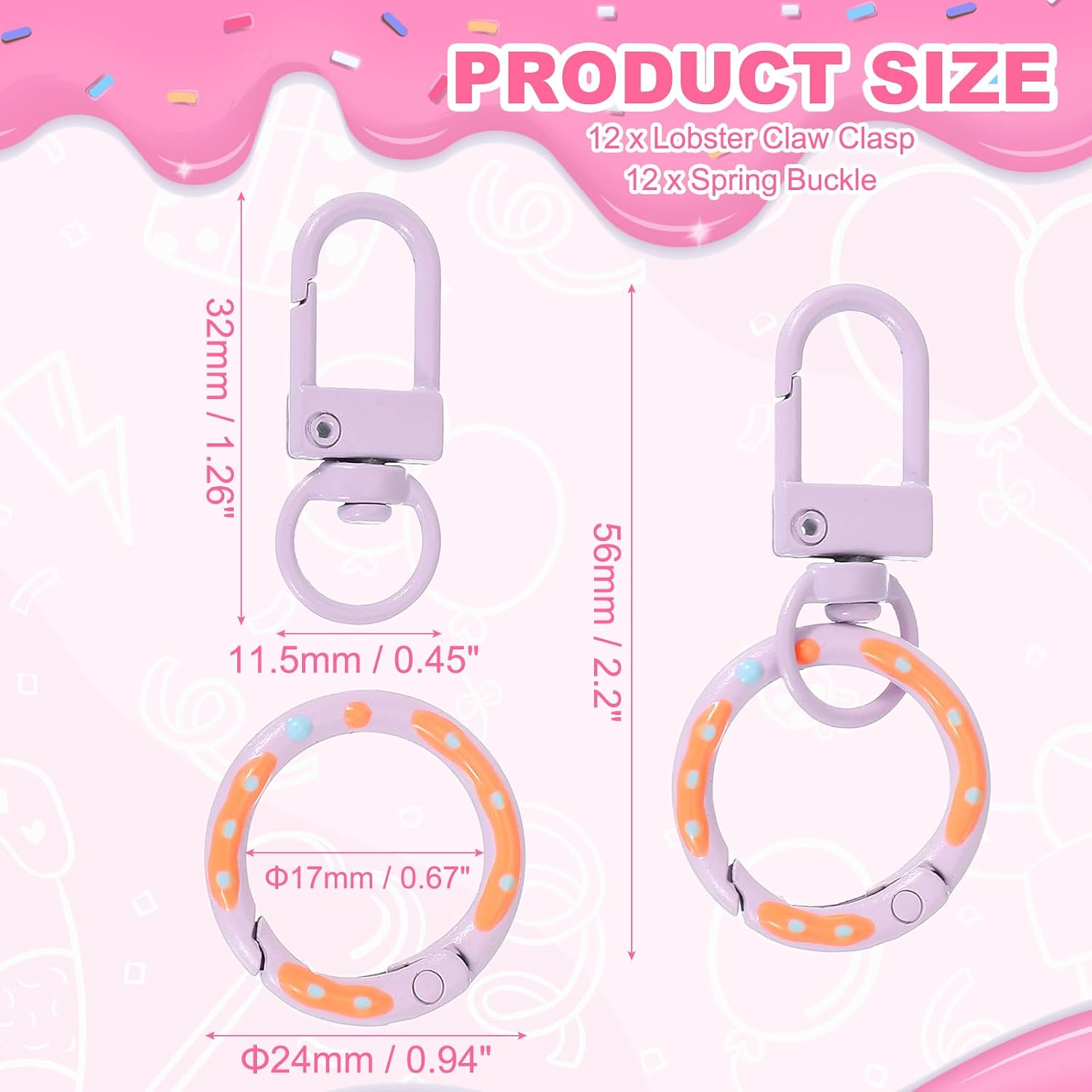 PATIKIL 12 Pcs Lobster Claw Clasp, Colorful Metal Keychain Clasp Swivel Hooks with Spring Key Rings Trigger Clips for Bag Door Key Chains DIY Craft Jewelry Making, Donut Purple image 2