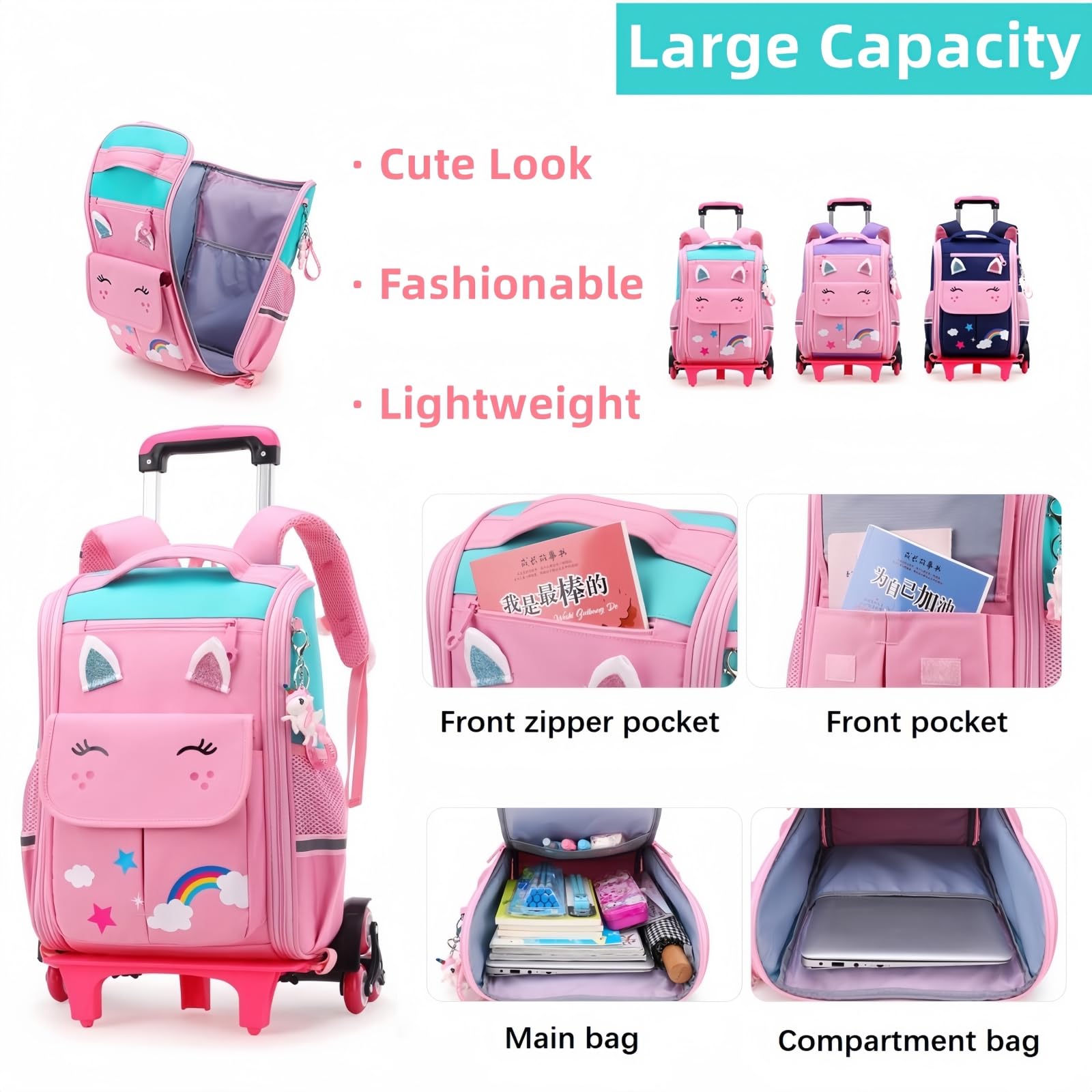 Mochila con Ruedas para Niñas, Mochila Escolar Trolley Desmontable Moderna para Alumnas de Primaria