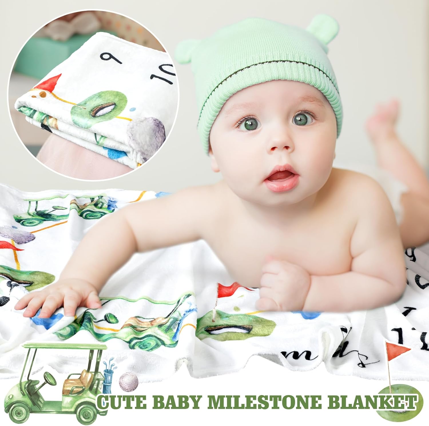 Golf Print Baby Monthly Milestone Blanket Newborn Baby Boy Green Gender Neutral Newborn and Nursery Essentials Personalized Ideas for Nursery Decor (Green, Golf) - Image 2