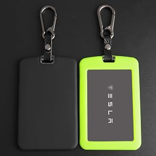 2PCS Silicone Key Card Holder Case Compatible with Tesla Model 3 Model Y Cybertruck and Rivian，Key Protector Cover Accessories Including Key Chain, Black and Green