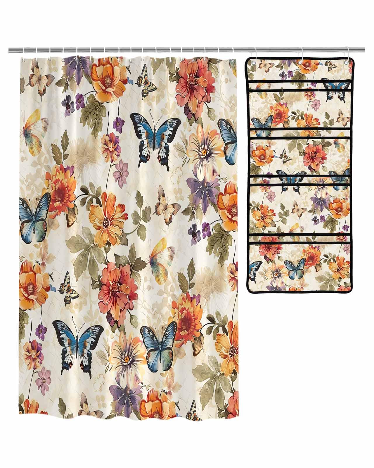 ZFUNCING Shower Curtain Mesh Shower Organizer Set Colorful Floral Leaf Vintage Waterproof Bath Curtains Hanging Shower Caddy Bathroom