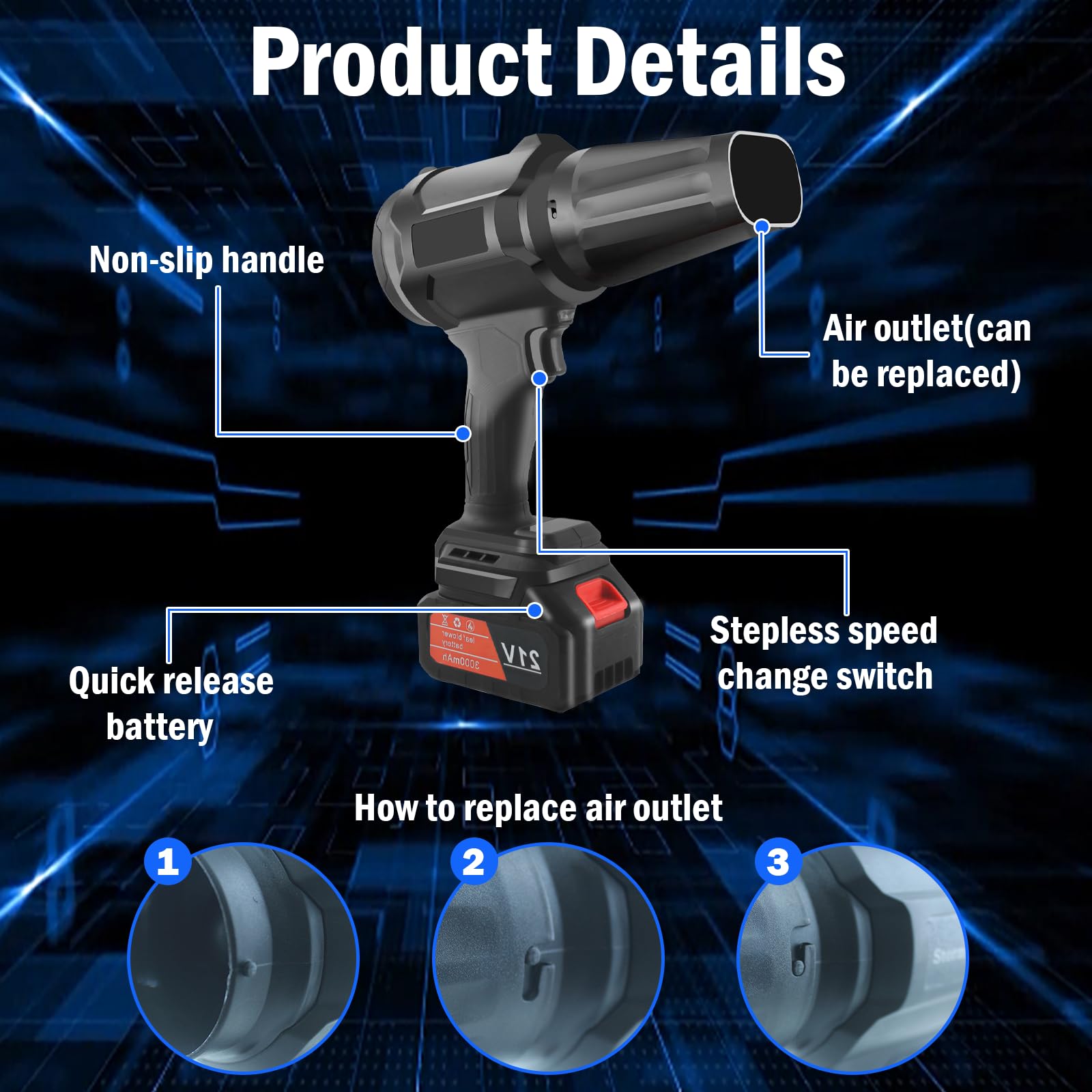 Mini soplador de hojas con 2 baterías de 3000 mAh | Motor sin escobillas de 30000 rpm, Turbo Jet Blower inalámbrico para limpiar el polvo, hojas, agua, nieve