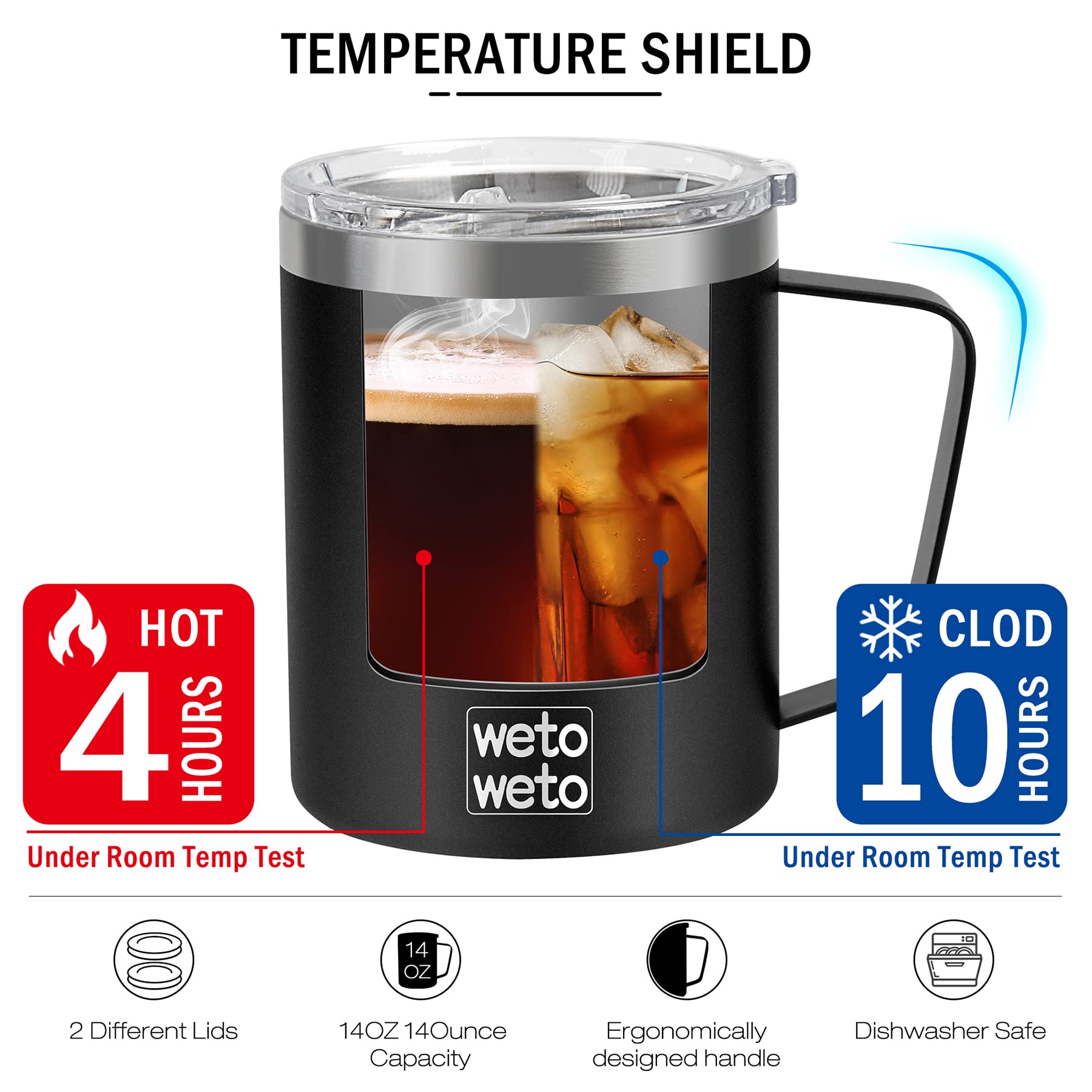 WETOWETO Taza de café con asa, taza de café reutilizable de acero inoxidable aislada de 14 onzas, taza de café de doble pared, taza de viaje de café con recubrimiento en polvo negro