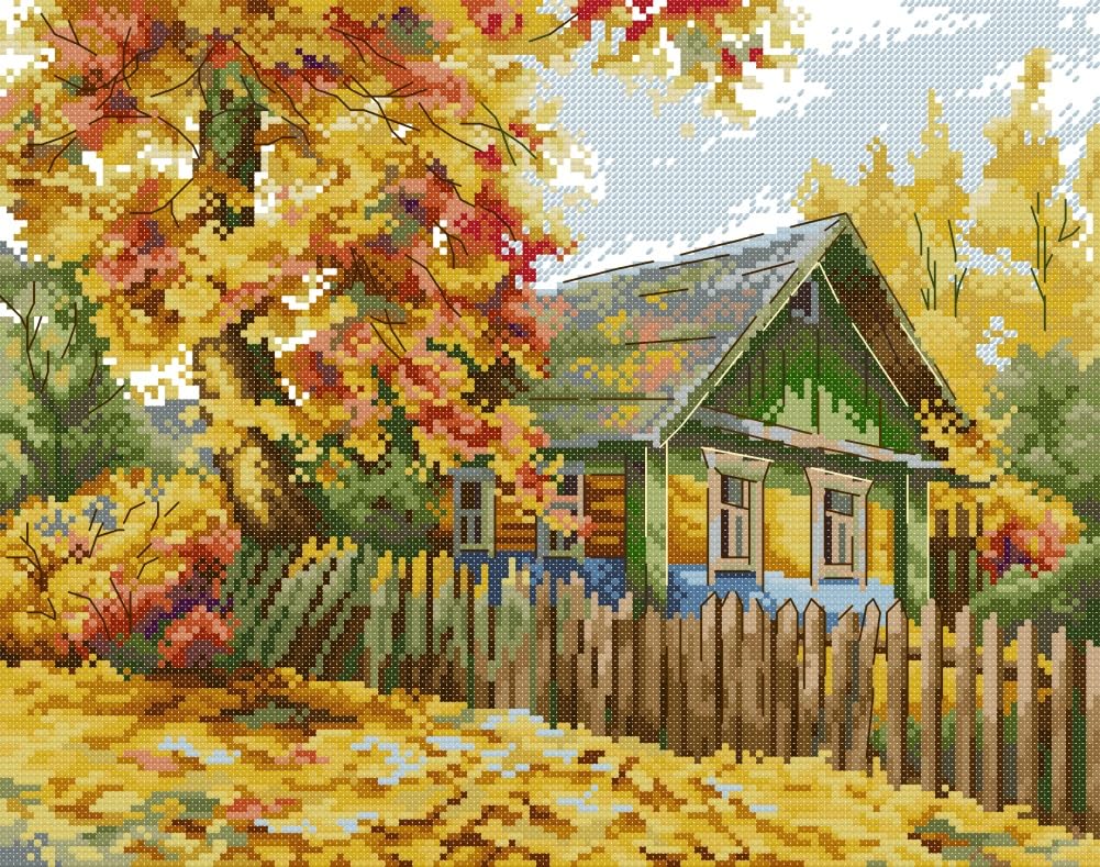 Awesocrafts Cabin Cross Stitch Stamped Kits Autumn Fence Fallen Leaves Easy Patterns Cross Stitching Embroidery Needlework Kit Supplies 14Ct 2 Strands