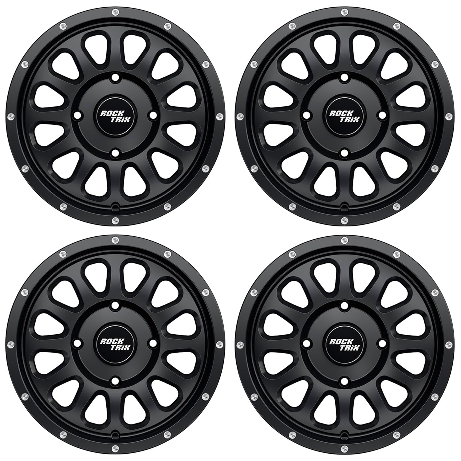 RockTrix RT111 14x7 ATV UTV Wheel 4x156 4+3 Offset, Matte Black, 4pc Set
