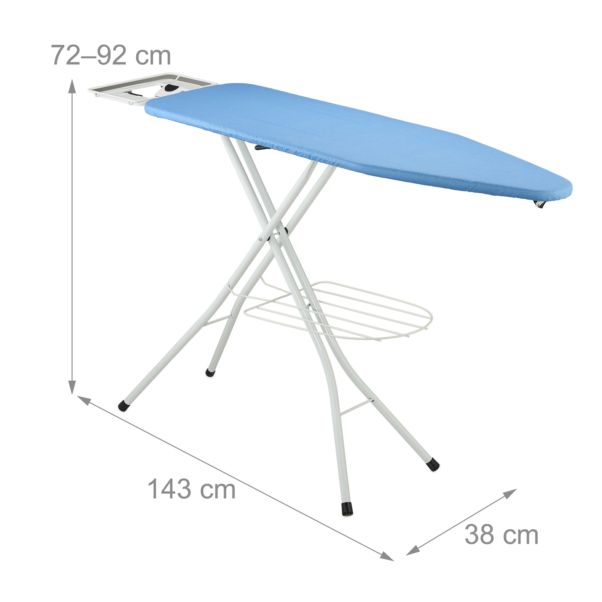 Relaxdays Bügelbrett für Dampfbügeleisen, 120 x 38 cm, höhenverstellbar, klappbar, Kleiderablage, Bügeltisch, blau