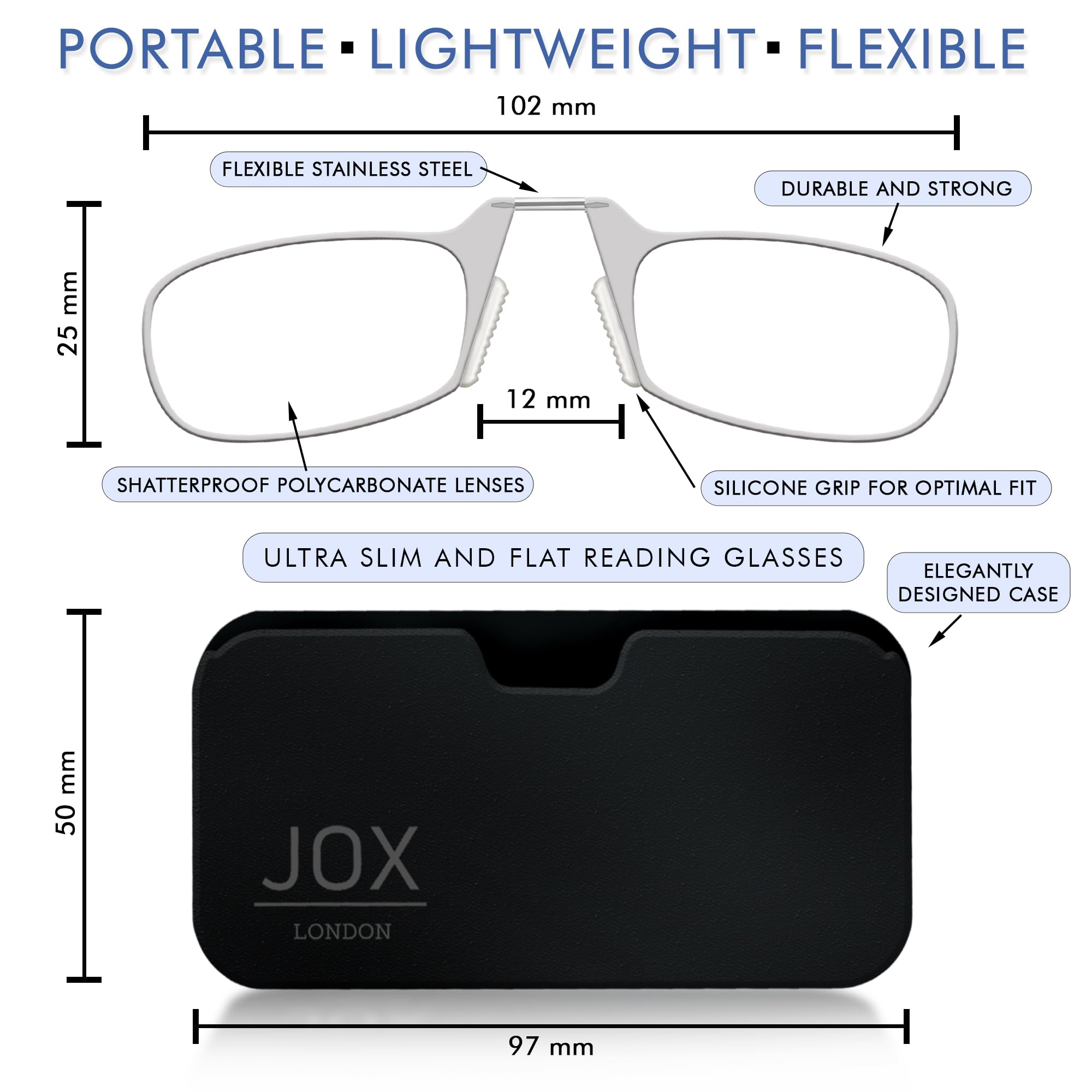 JOX Nose Reading Glasses with Compact Case, Slim Nose Reading Glasses to stick on the mobile phone, Flex-Fit Technology - Image 3