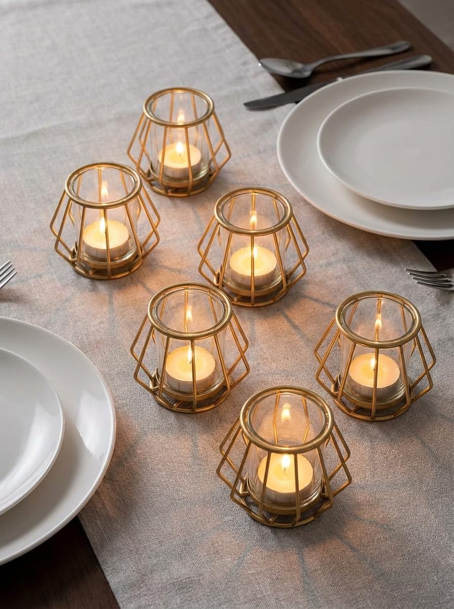Lot de 12 photophores géométriques en métal pour table de mariage avec verres pour café, décoration de chambre, fête de mariage, anniversaire, doré
