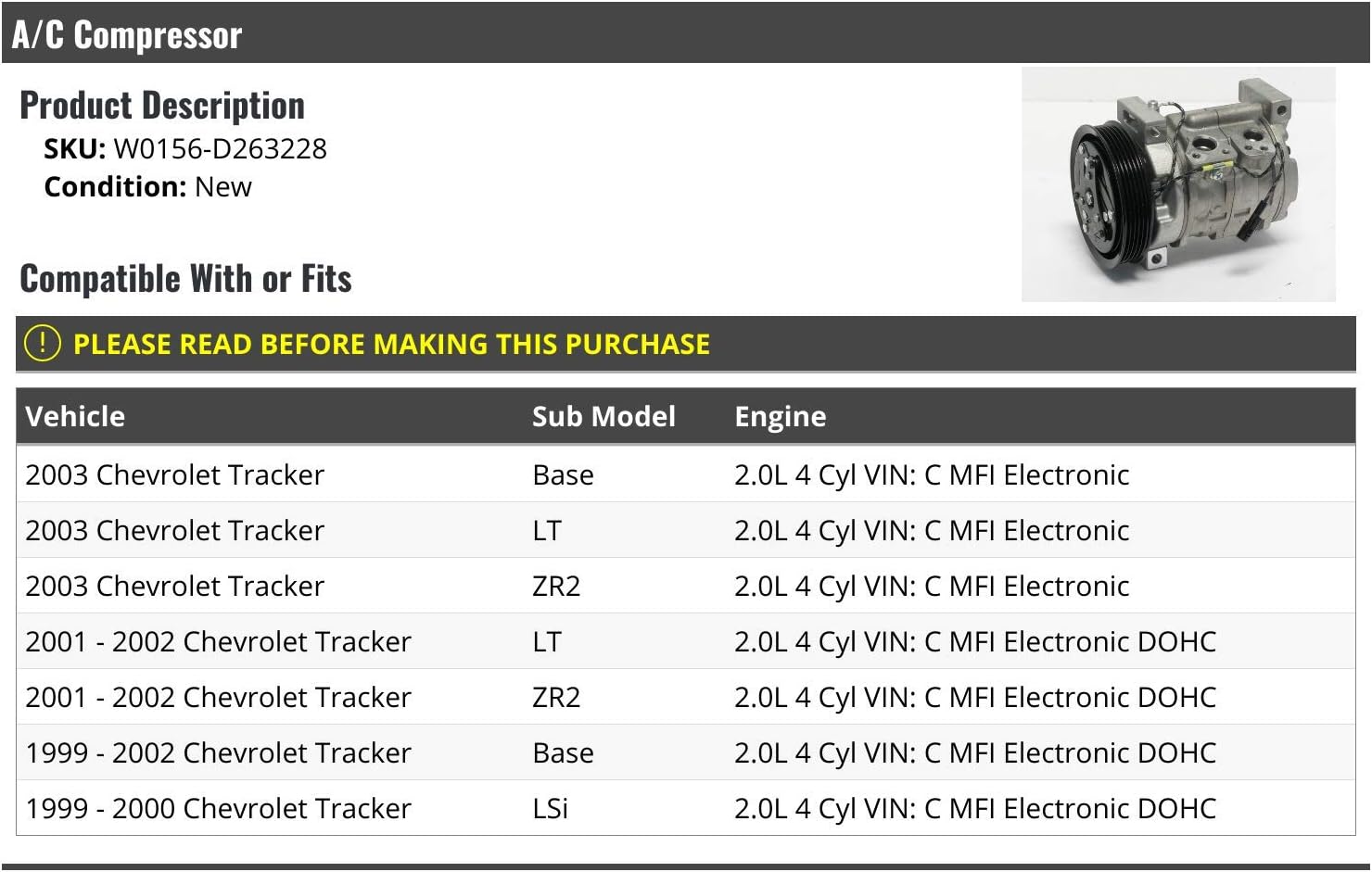A/C Compressor - Compatible with 1999-2003 Chevy Tracker 2.0L 4-Cylinder