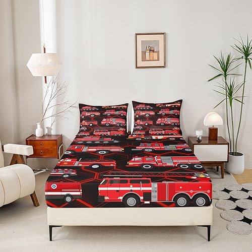 Miniatura 5 de Erosebridal Sábanas para cama de camión de bomberos para niños, equipamiento rojo, vehículos, juegos de sábanas de tamaño matrimonial, sábanas de