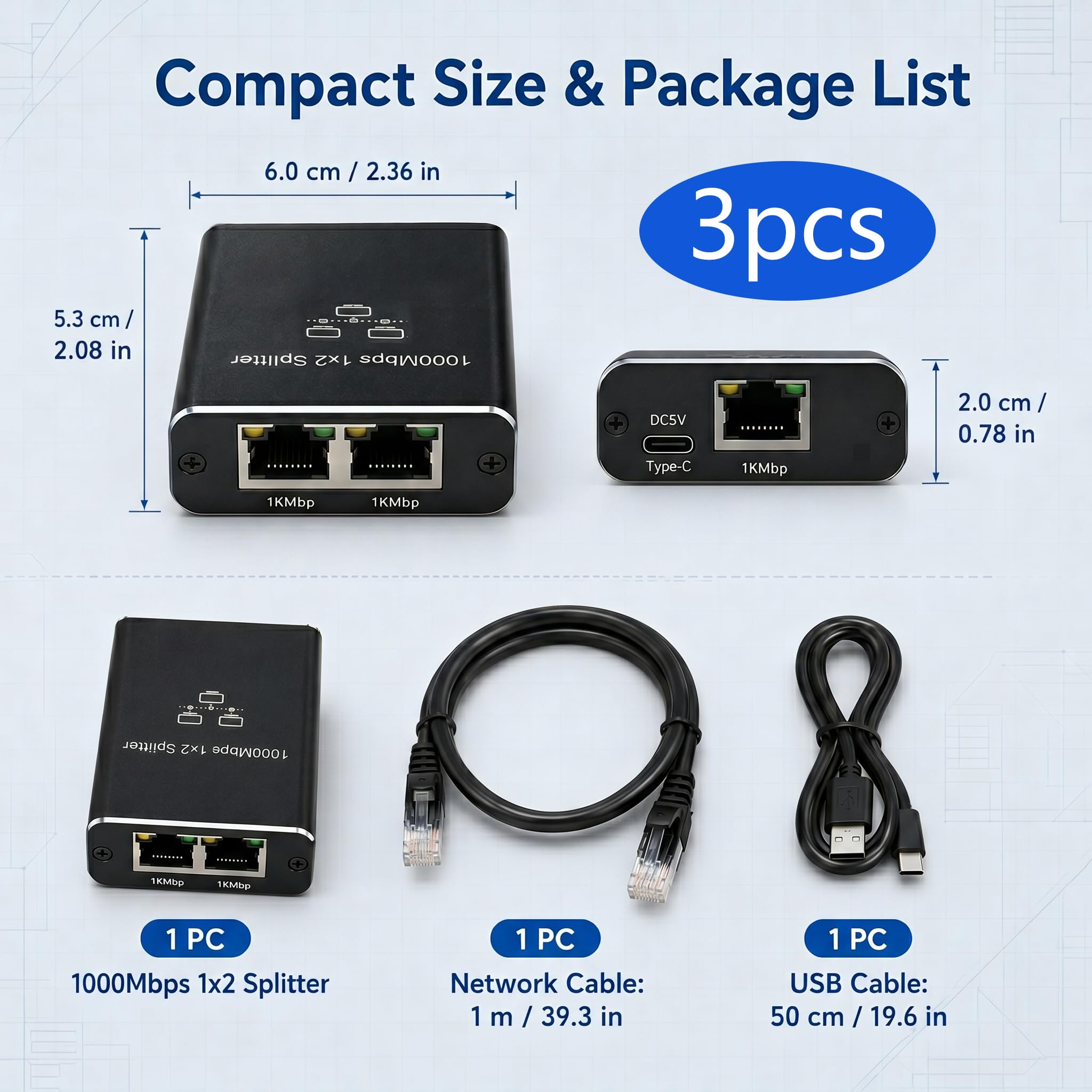 LAN Splitter 1 auf 2, Gigabit LAN Switch 2 Port 1000Mbps RJ45 Switch Computer, Smart-TV, Router, Hub, Set-Top Box, universelle Kompatibilität, robustes Gehäuse, Plug&Play, einfache Netzwerkerweiterung