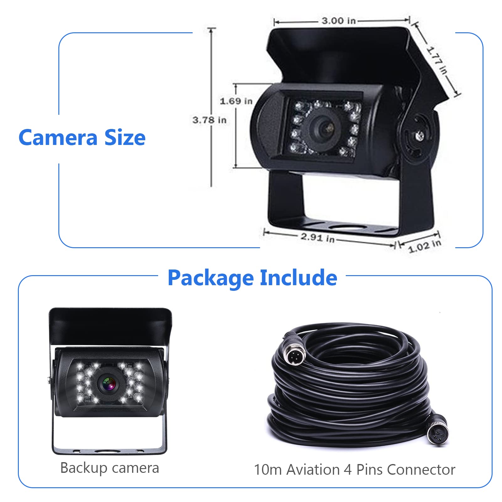 Telecamera Retromarcia 4 Pin Cavo Aviazione da 10 m, Visione Notturna 18 IR senza Linee di Inversione Telecamera Posteriore Impermeabile IP69 12V-24V per Autobus/Camper/Camion/Rimorchio/Furgone