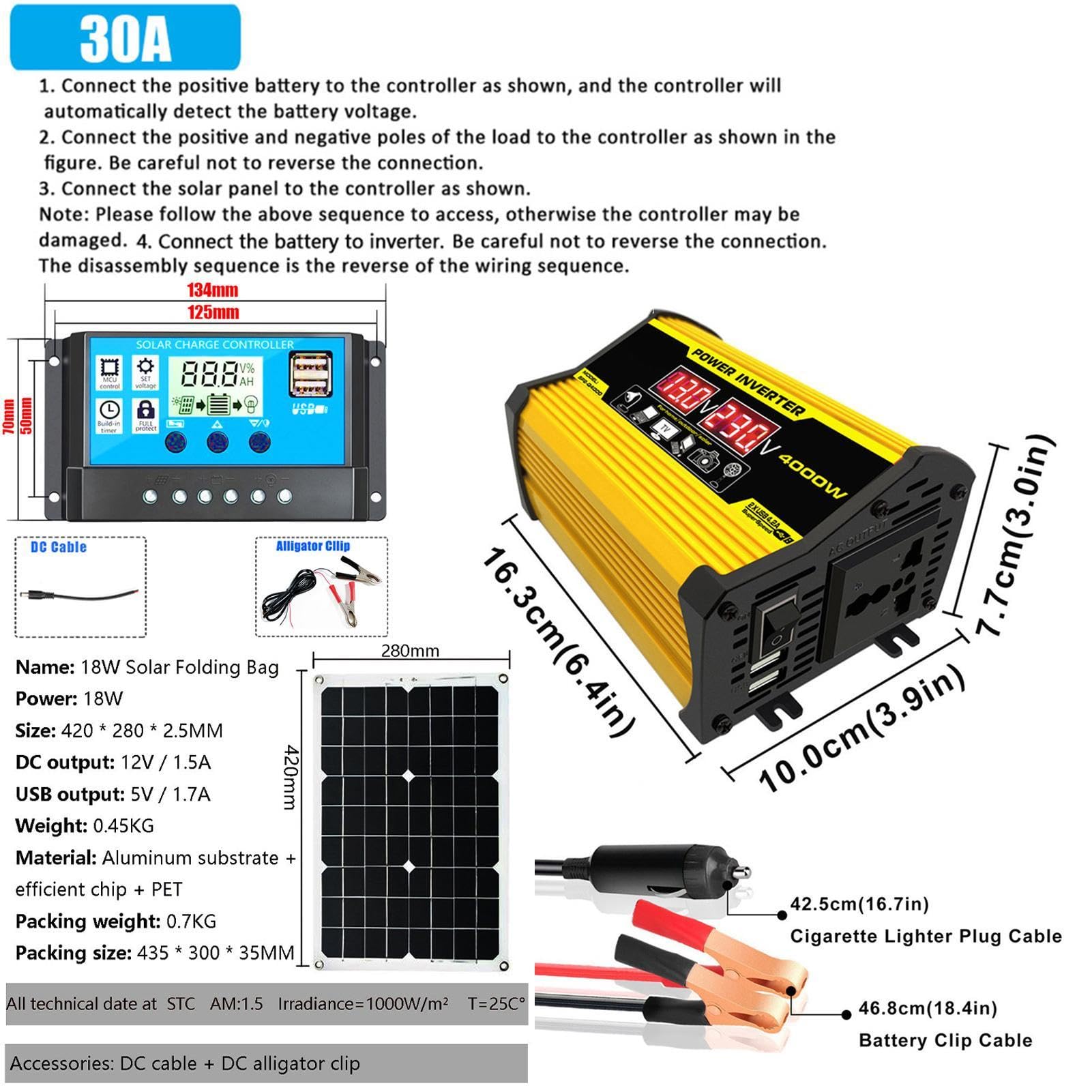 Sistema Solar Completo - Panel Solar 18W 12V Inversor 300W Cargador | Convertidor Solar DC 12V AC 110V/220V Controlador 30A, Cargador de Energía Solar, 2 Puertos USB, Pantalla L
