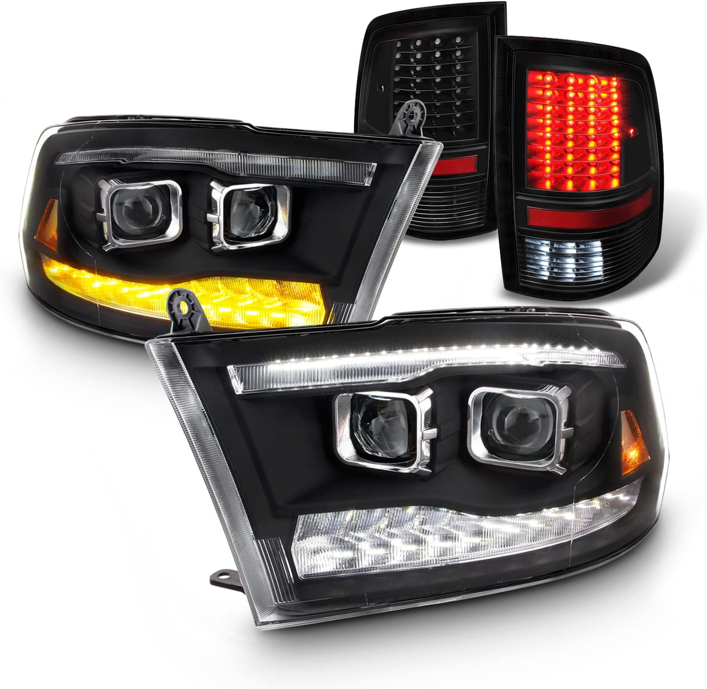 AKKON - Fit 09-18 Dodge Ram 1500 2500 3500 Premium Projector LED Headlight +Black Housing Tail Light Combo