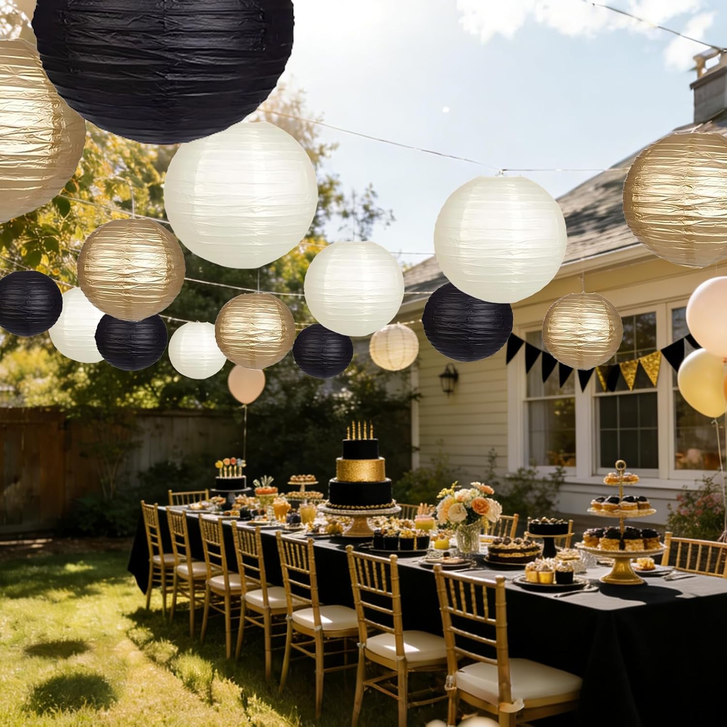 Pack of 12 Paper Lanterns Black Gold Round Paper Lantern Decoration for Communion, Christening, Wedding, Birthday Party Decoration