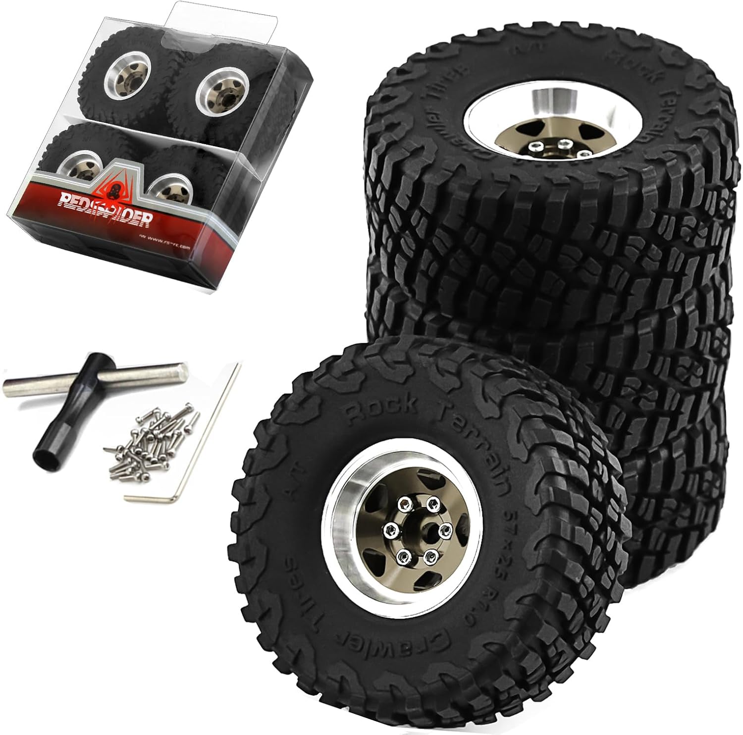 REDSPIDER 1.0 Beadlock Wheels and Tires（4pcs）， 1.0 Crawler Tires for 1：24 1:18 RC Scale Rock Crawler Car SCX24 FMS FCX24 TRX4M Axial AX24 90081 Gladiator Bronco C10 ﻿ (Brown)