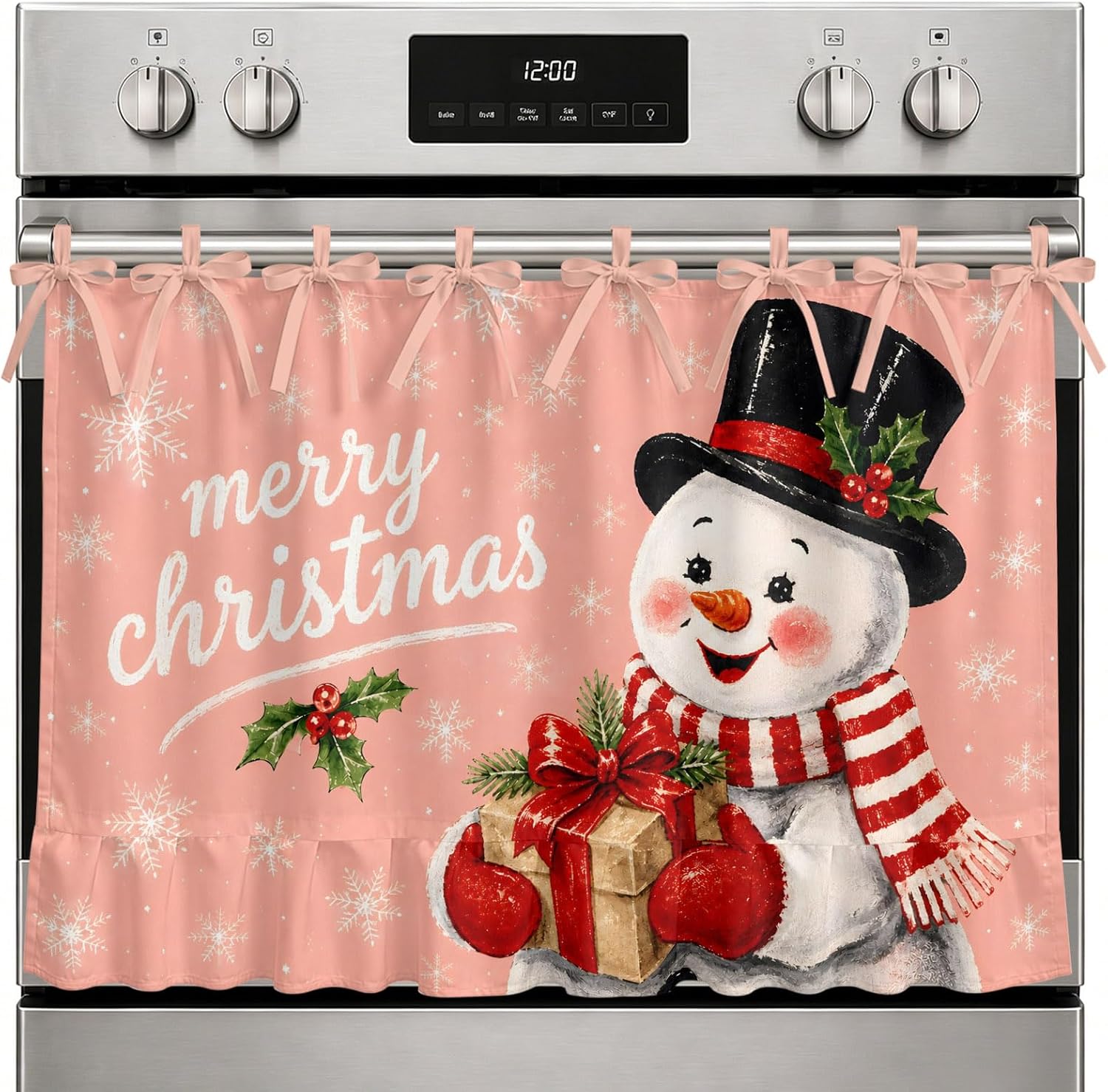 Smiling Snowman Oven Curtain with Tie Top, Merry Christmas Black Top Hat Gift Box Snowflakes Oven Skirt Curtains with Tie Top Cabinet Cover Curtain for Small Kitchen Apartment Decor 27 x 20 Inches