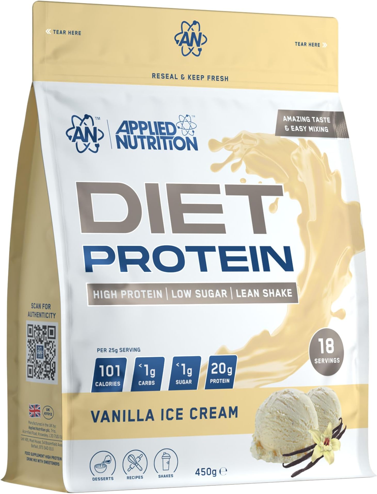 Diet Whey - High Protein Powder Supplement, Low Carb & Sugar, for Weight Management with CLA, L Carnitine, Green Tea (450g - 18 Servings) (Vanilla)