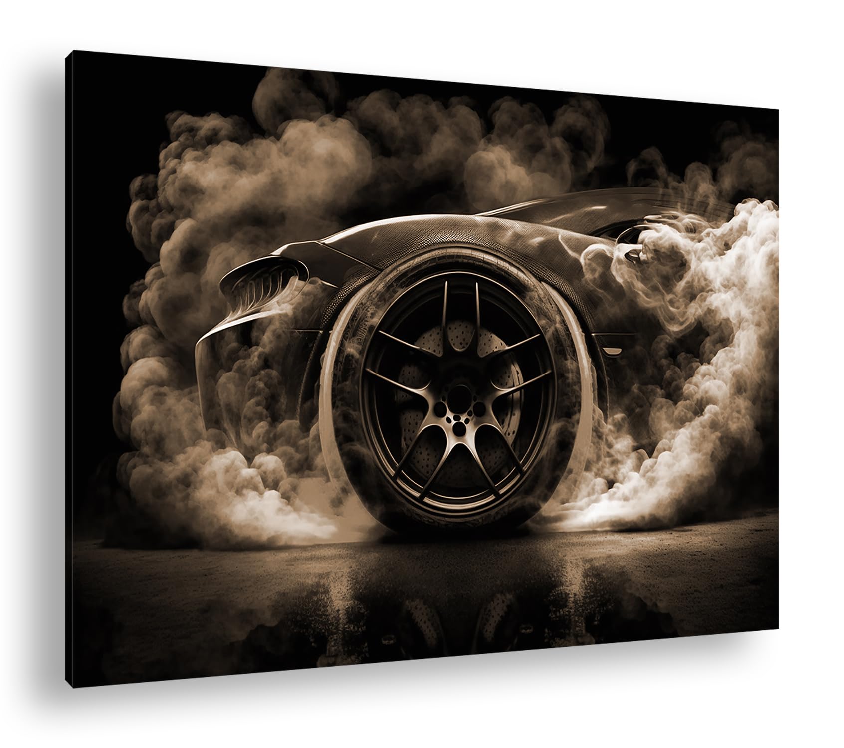 Leinwandbild Nächtliches Driften: Rauchende Reifen und glühende Bremse Format: 100x70 cm Effekt: Sepia XXL Kunstdruck Bild auf Keilrahmen/Wandbild/Wohnzimmer Deko