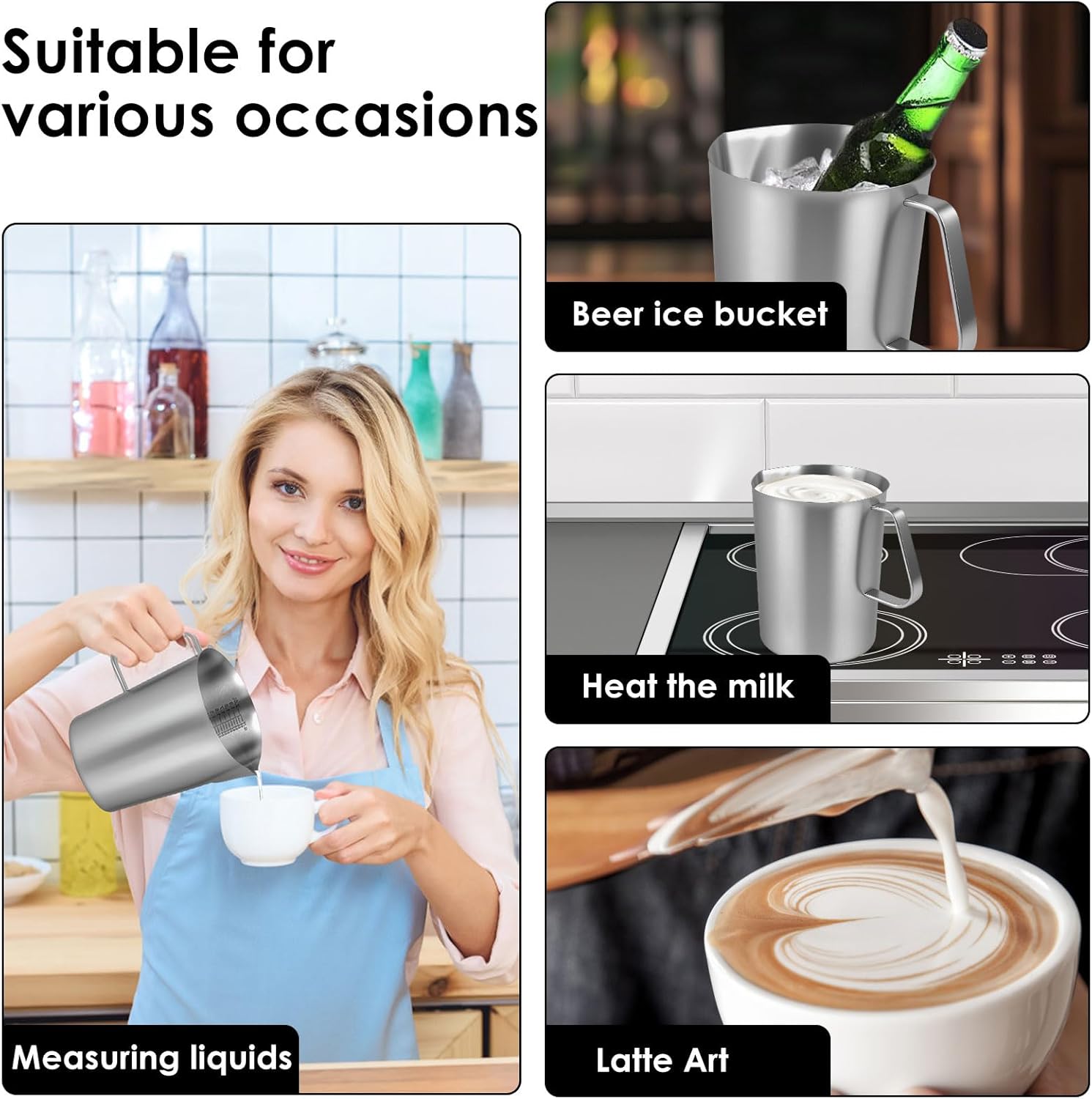 2 L / 70 oz Large Stainless Steel Measuring Cup with Lid, 8 Cup Metal Measuring Cups with Handle, Precision Markings Stainless Steel Pitcher for Espresso Machine, Latte Art, Hot/cold Water