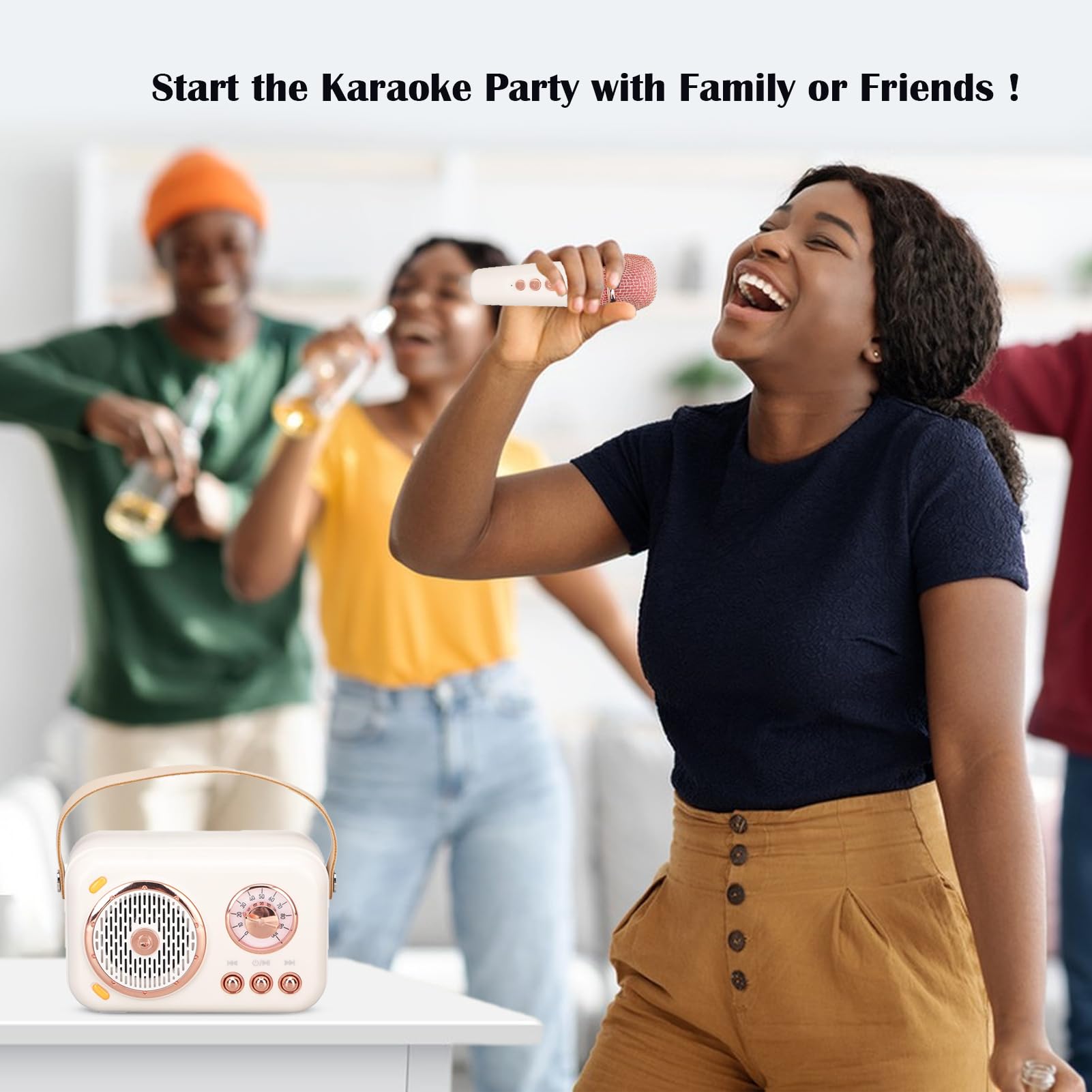 Mini Macchina per Karaoke con Set di Microfoni Wireless, Altoparlante Bluetooth retrò Portatile Bianco, Supporto AUX, TF Card, per Feste per Bambini Adulti
