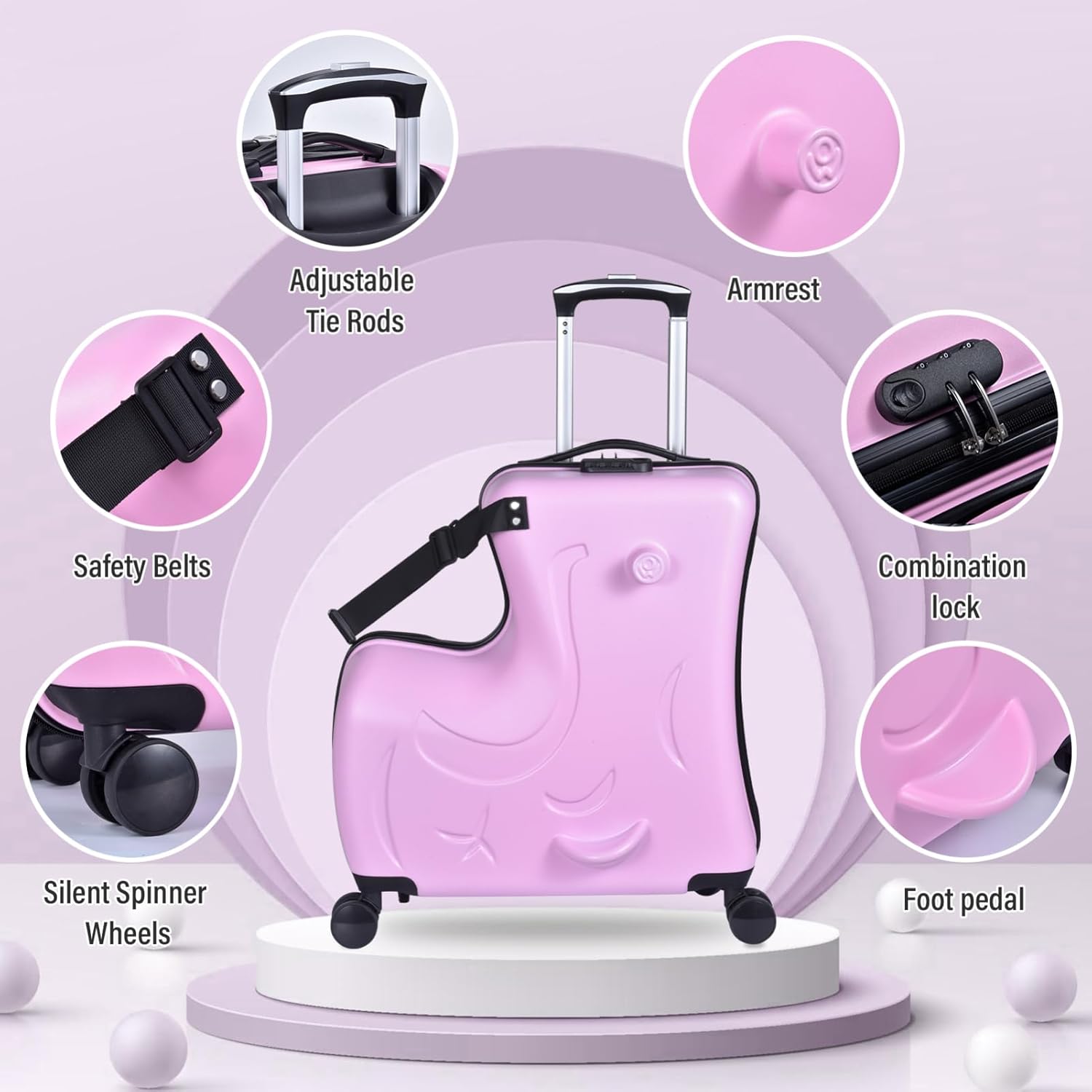 24 Inch Ride On Kids Suitcase with Wheels, Ride on Luggage with Pedal, Hardshell Kids Suitcase Adjustable Safe Harness, ABS+PC, Up To 100 Lbs, Pink