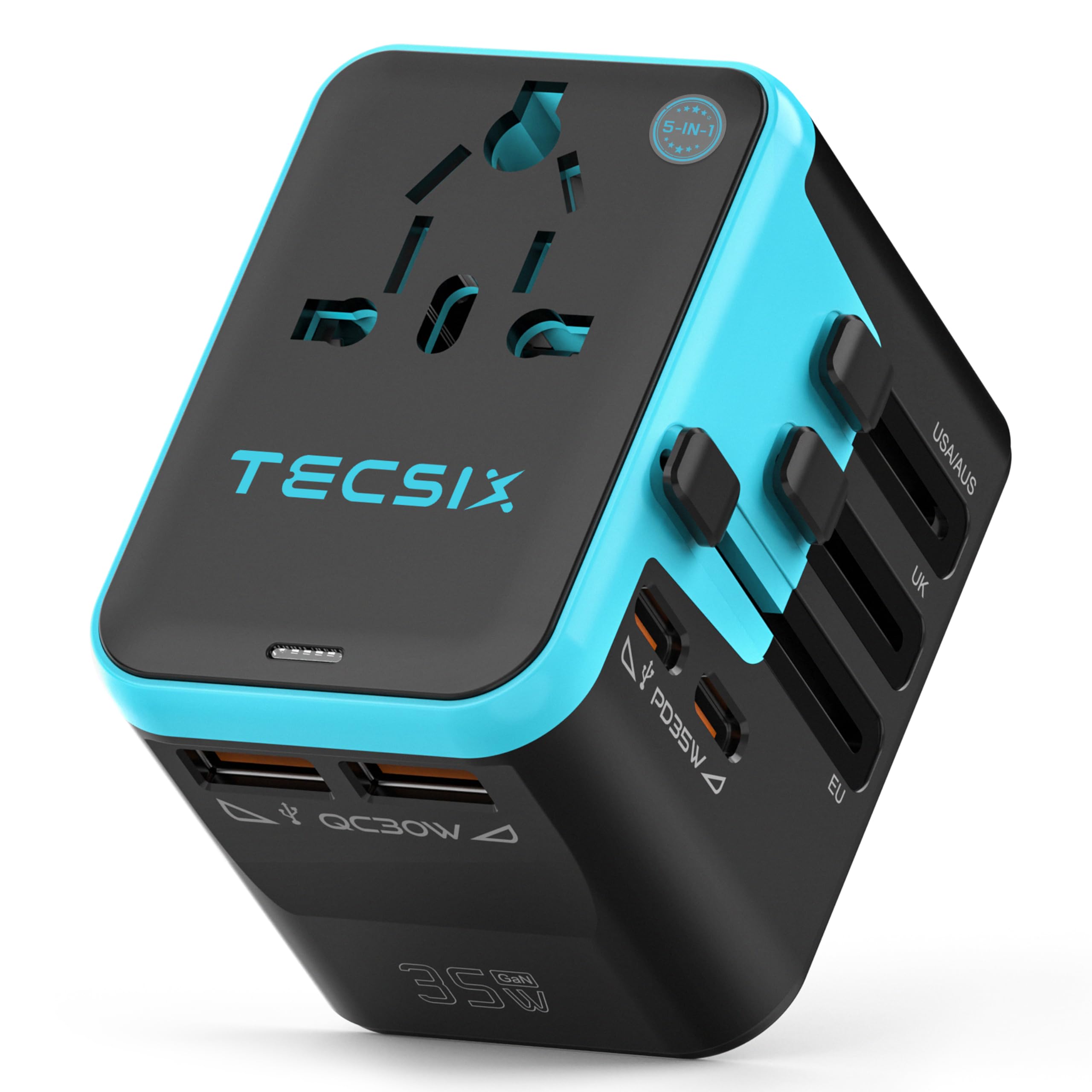 TECSIX Reiseadapter Weltweit, Universal Reisestecker PD 35W mit 2 USB C, 2 USB A und 1 AC Steckdose, Internationaler Steckdosenadapter für USA UK Japan China, Traval Adapter