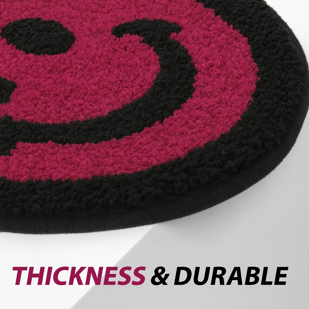 FUURY Smiley Face Rug/Bath Mat – Soft Plush Round Accent Rug with Non-Slip Backing for Bedroom, Dorm, Living Room, or Bathroom (Pink)