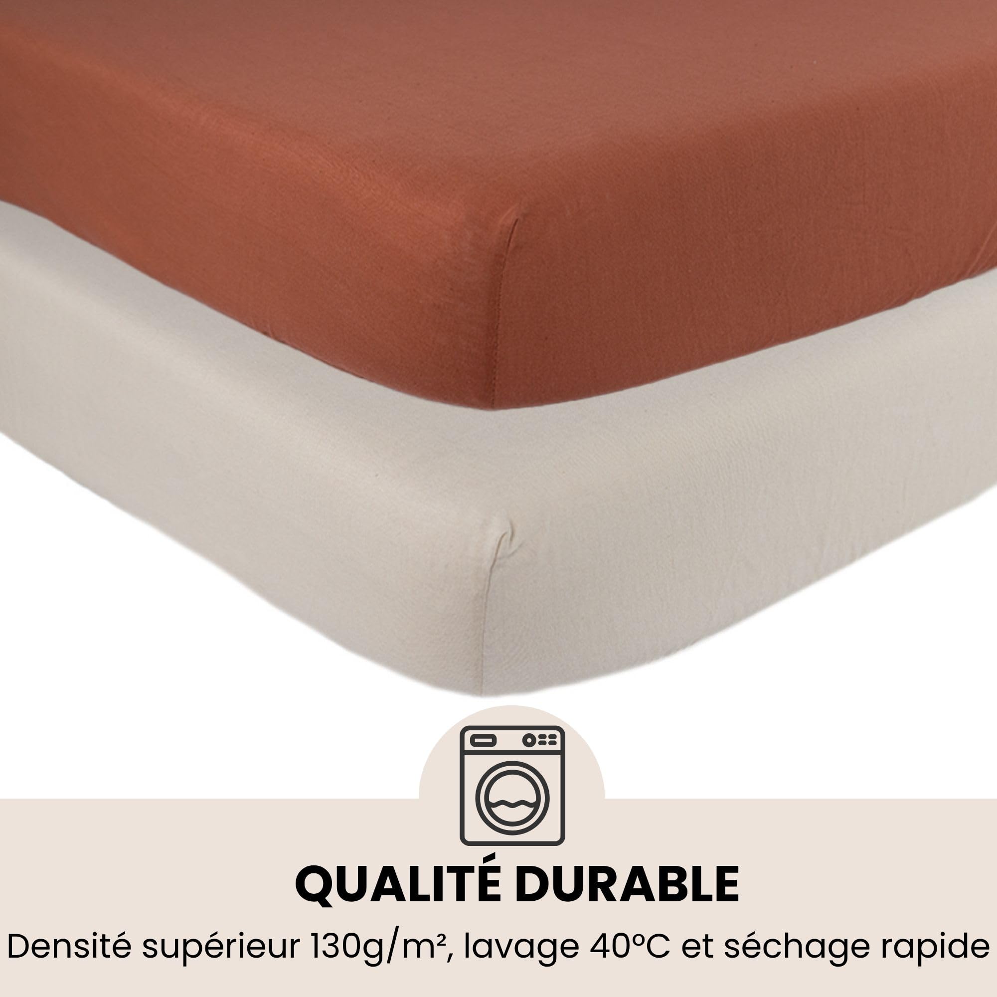 Trois Kilos Sept - Drap Housse Bébé - 100% Coton Jersey Extensible - Doux & Confortable - Bords Elastiqués - Label Oeko-TEX® Standard 100 - Beige Sable & Terracotta - 60x120 cm- Lot de 2