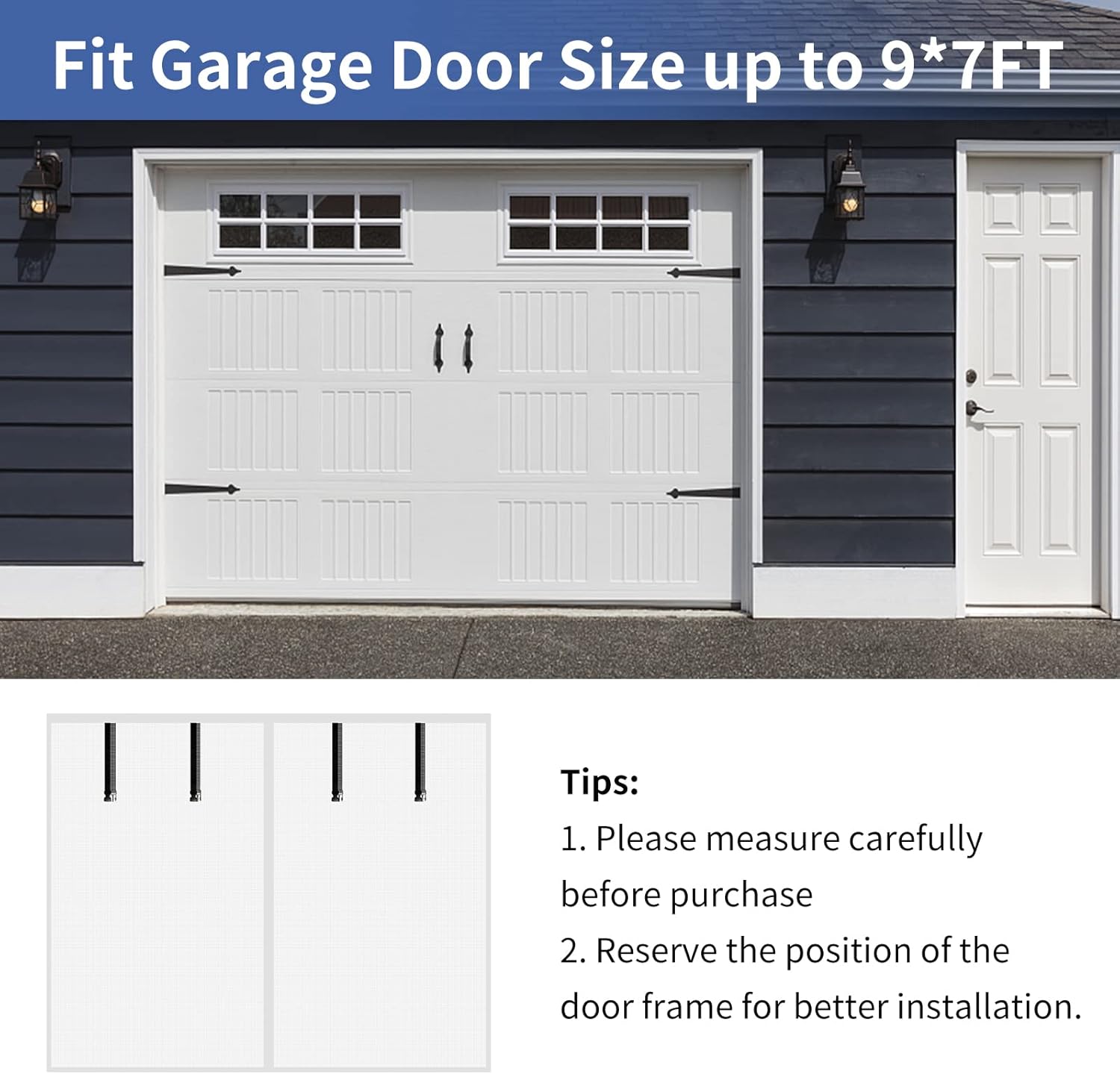 Garage Door Screen with 4 Strapping Tapes for 1 Car Garage 9x7ft, Fiberglass Mesh Door Screen with Closure Weighted Bottom, Durable Magnetic Heavy Duty Screen Door Curtain Cover Kit（White）